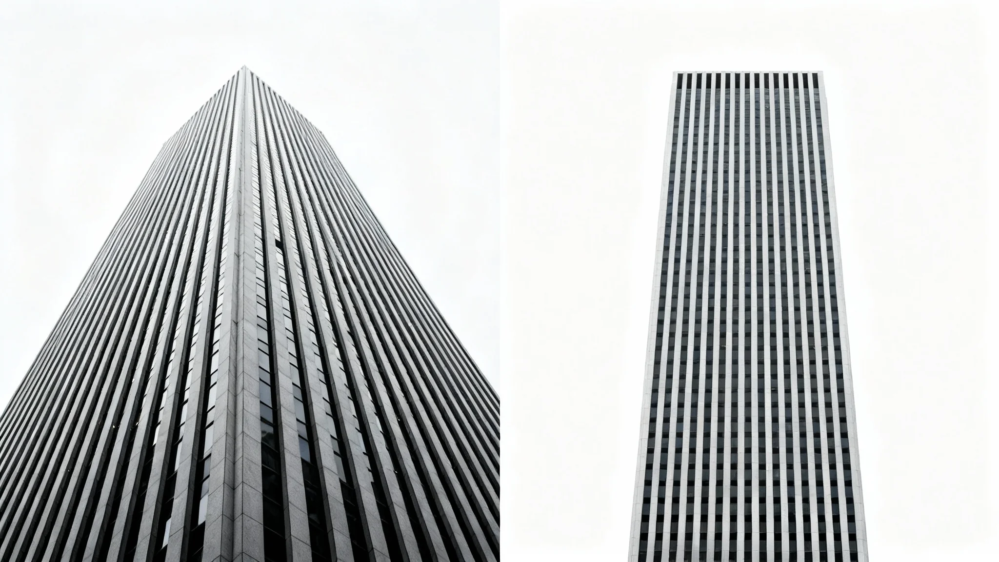 A before-and-after concept image showing a skewed photograph of a skyscraper on the left and the same photograph corrected to be perfectly straight on the right.