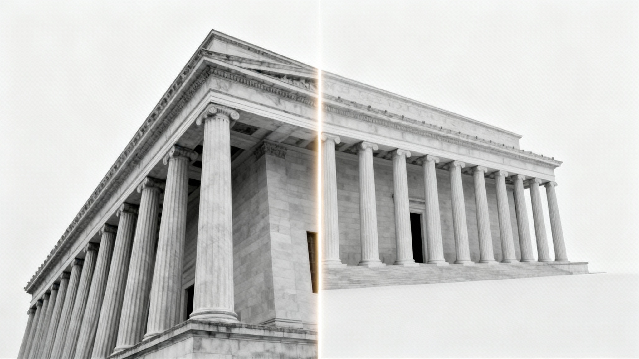 A before-and-after conceptual image showing a photograph of a building being corrected. The left half is skewed and distorted, while the right half is perfectly straight and perspective-corrected.