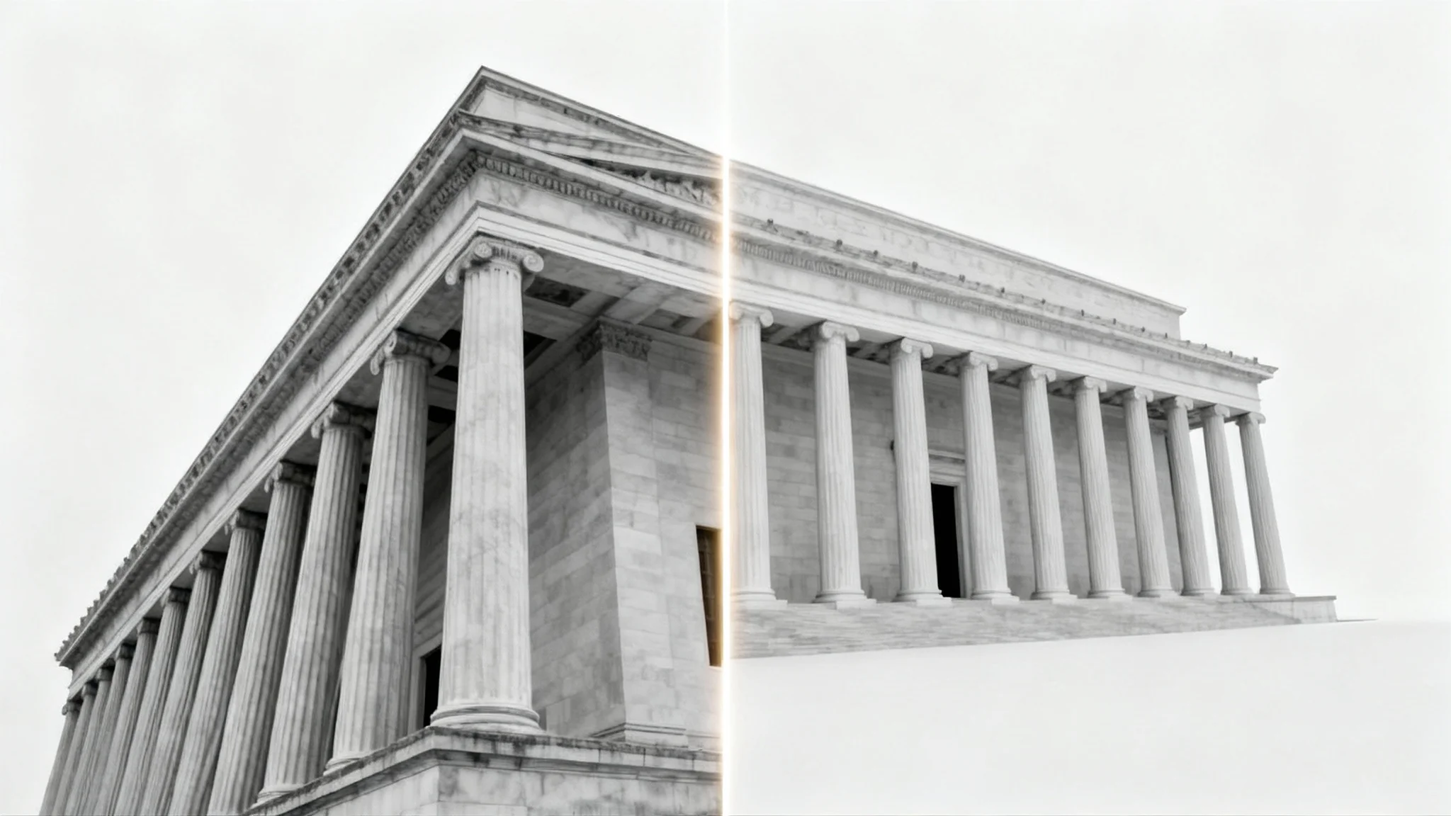 A before-and-after conceptual image showing a photograph of a building being corrected. The left half is skewed and distorted, while the right half is perfectly straight and perspective-corrected.