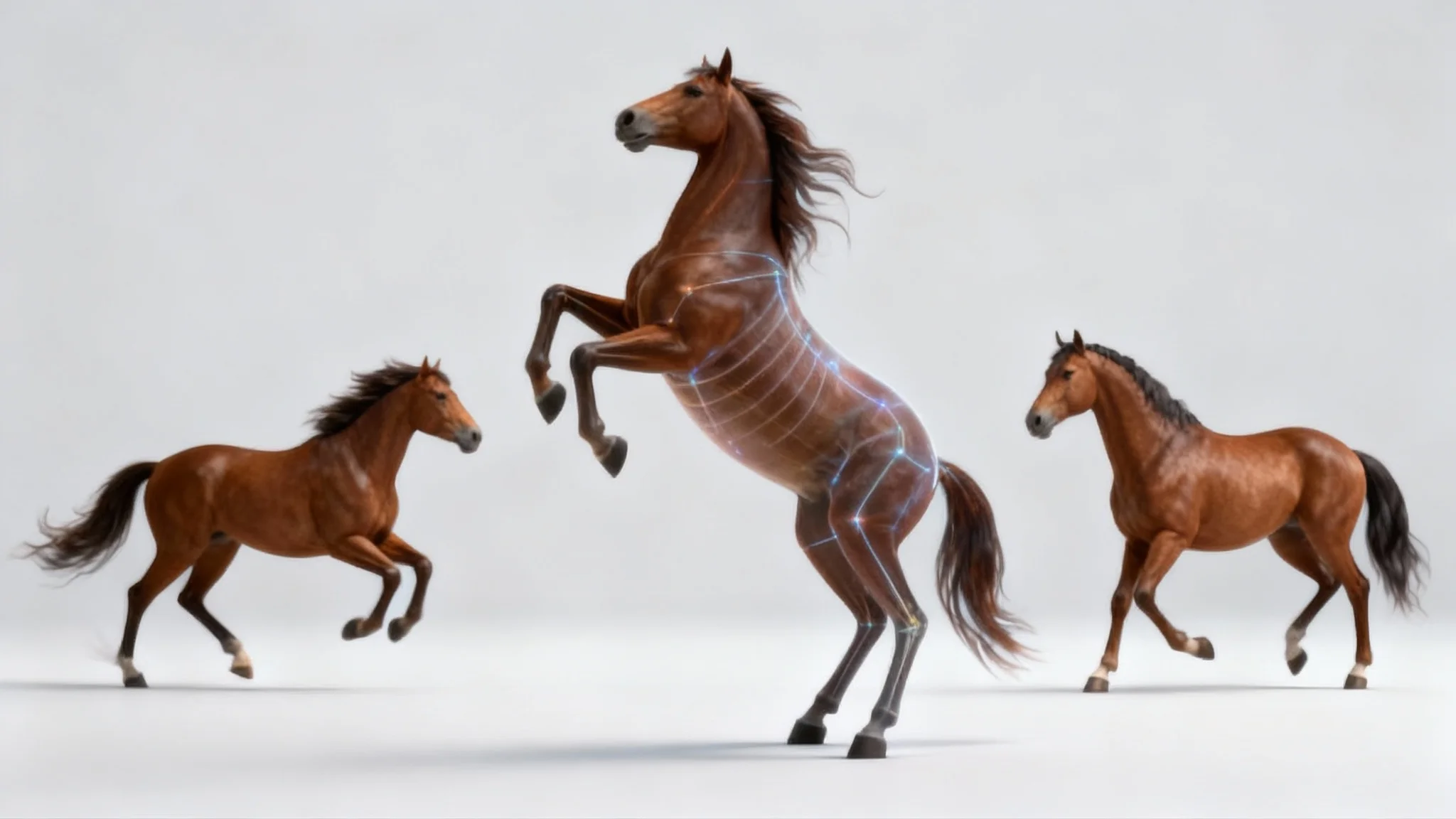 A 16:9 composite image displaying the final result of quadruped rigging on a stylized 3D horse. Three versions of the horse are shown in different dynamic poses (rearing, galloping, trotting) on a clean studio background, with one having a faint overlay showing the digital skeleton.