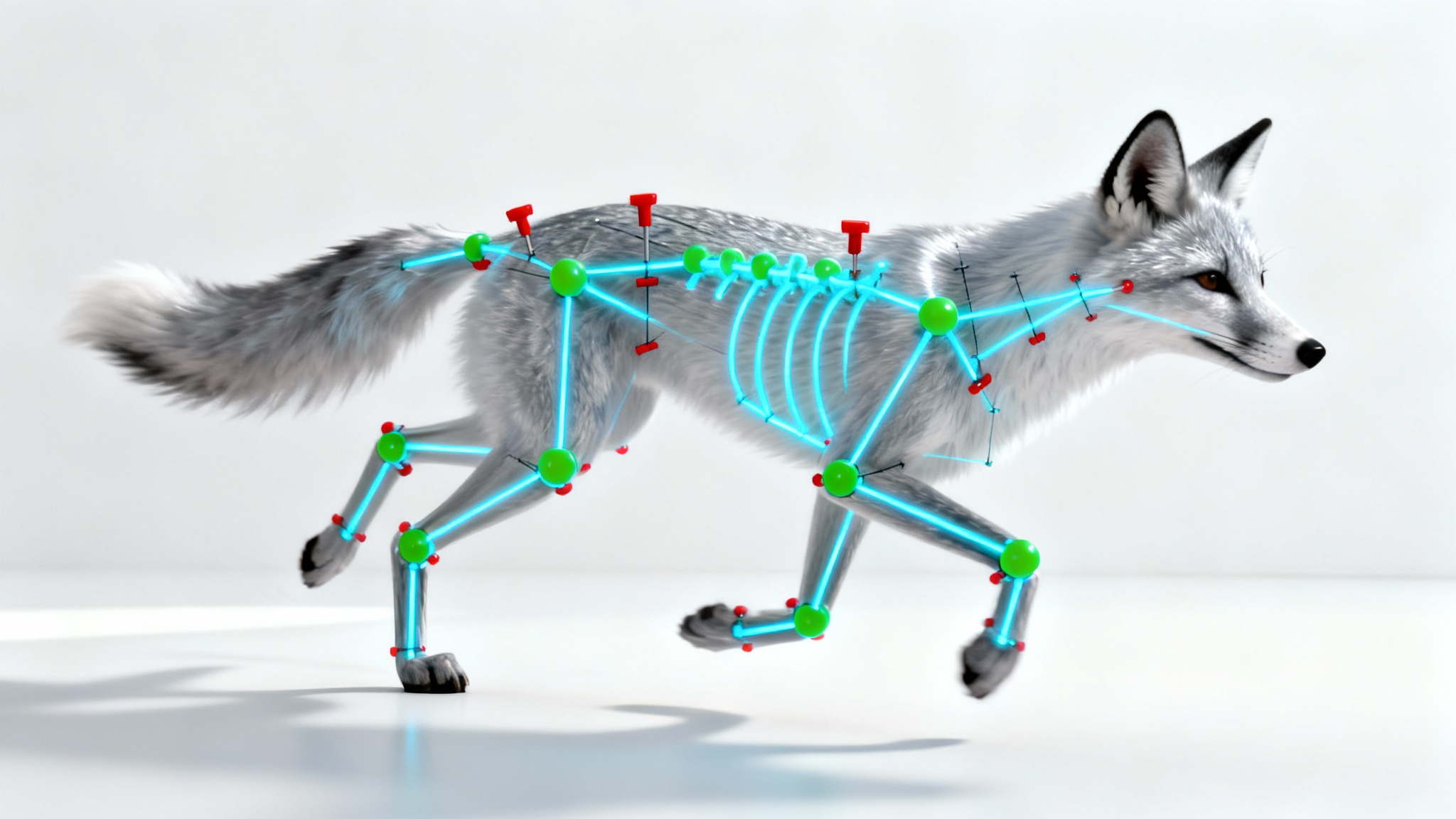 A 3D render of a stylized silver fox with its complex digital animation rig visible as glowing colored lines and joints, set against a plain white background.