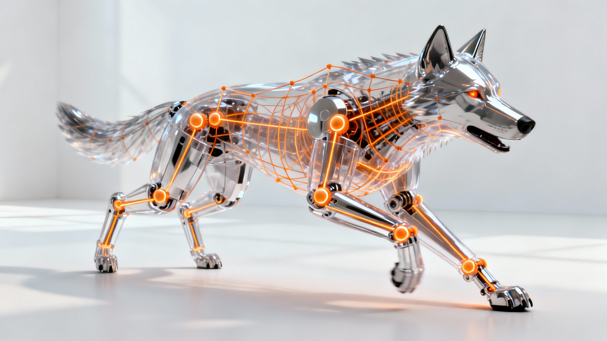 A 3D digital render of a robotic wolf in a pouncing pose, its semi-transparent chrome body revealing a glowing orange internal rig used for animation, set against a plain white background.