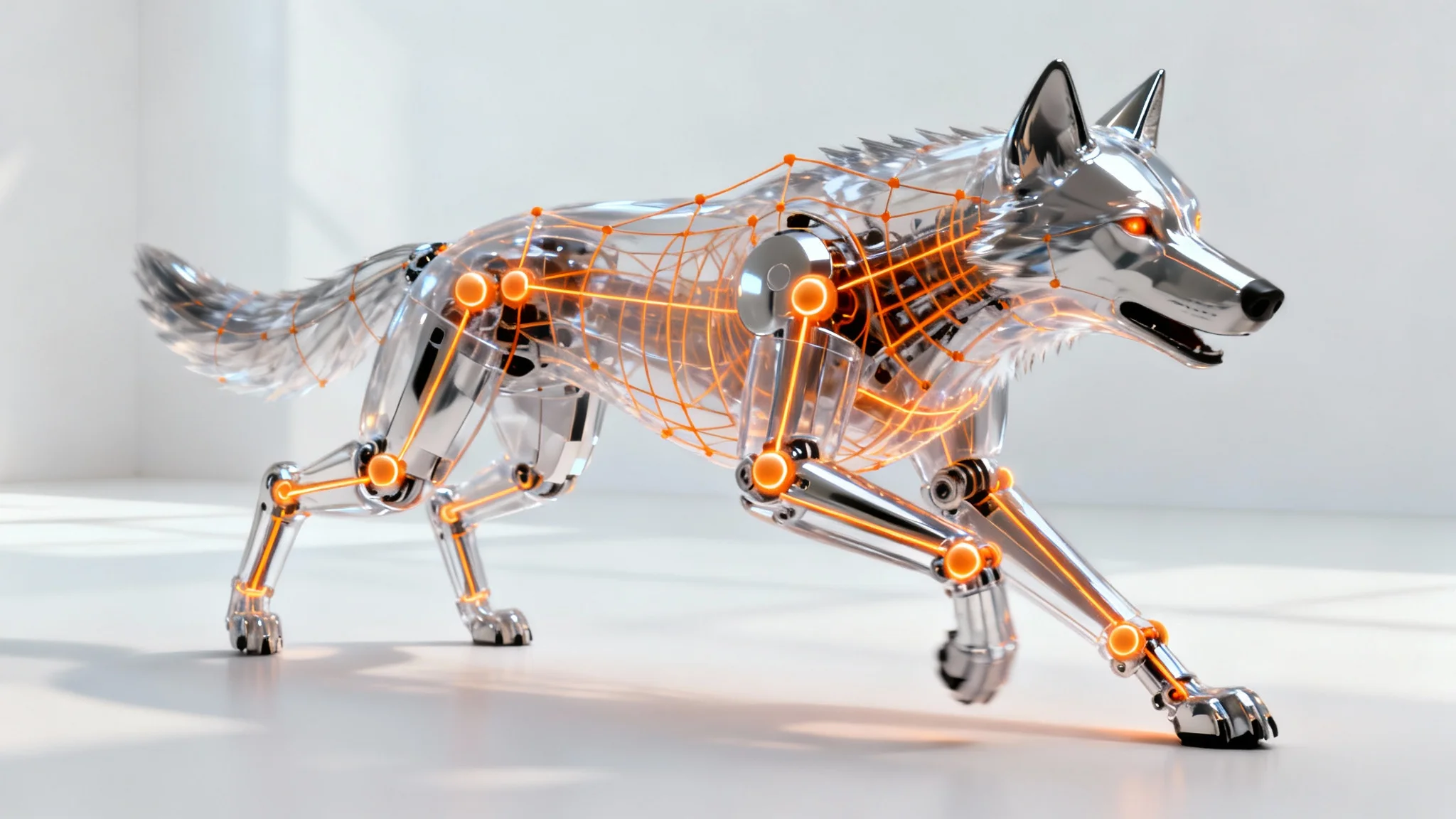 A 3D digital render of a robotic wolf in a pouncing pose, its semi-transparent chrome body revealing a glowing orange internal rig used for animation, set against a plain white background.