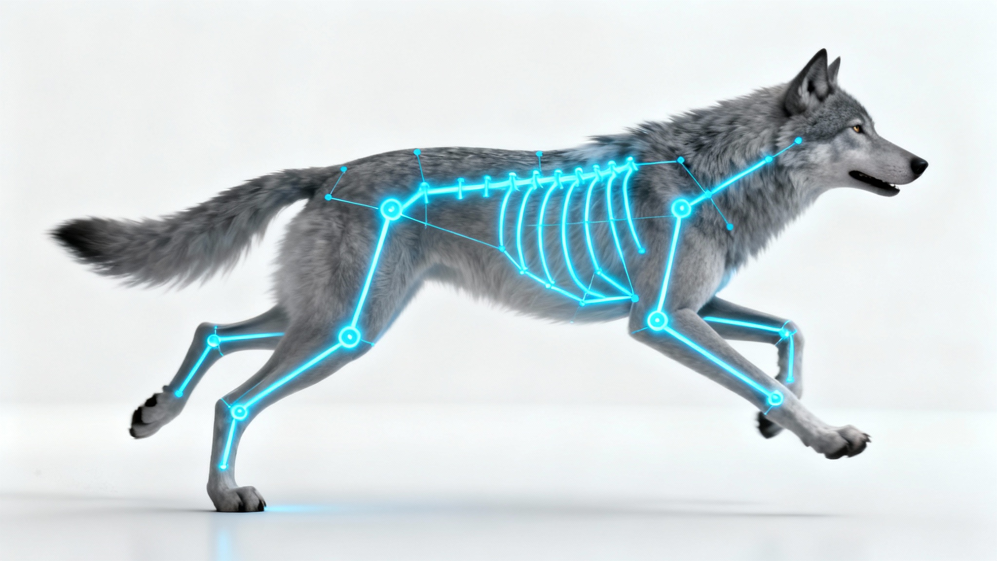 A 3D model of a grey wolf in a running pose, with a visible blue digital animation rig glowing over its body, all set against a clean white background.