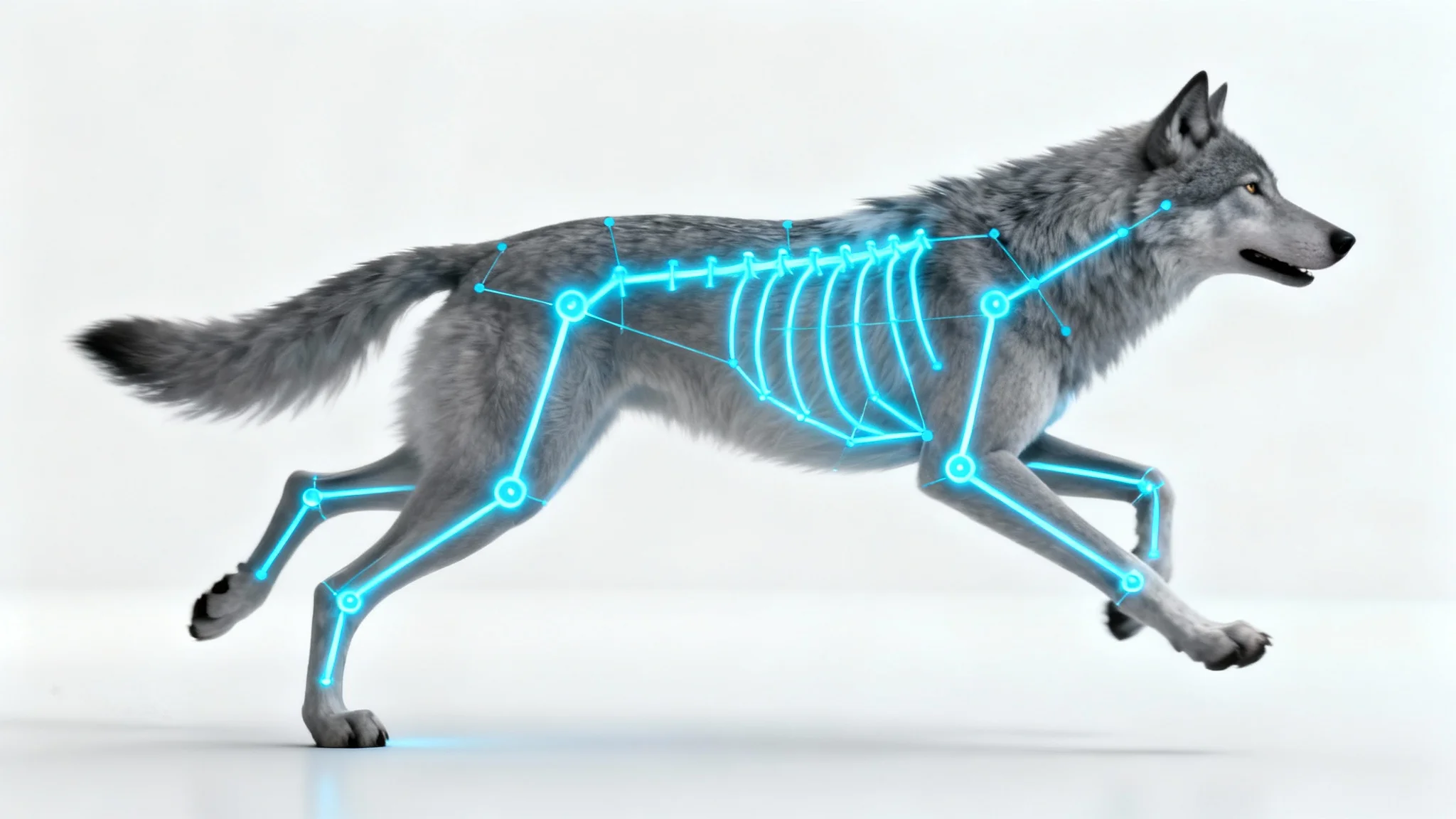 A 3D model of a grey wolf in a running pose, with a visible blue digital animation rig glowing over its body, all set against a clean white background.