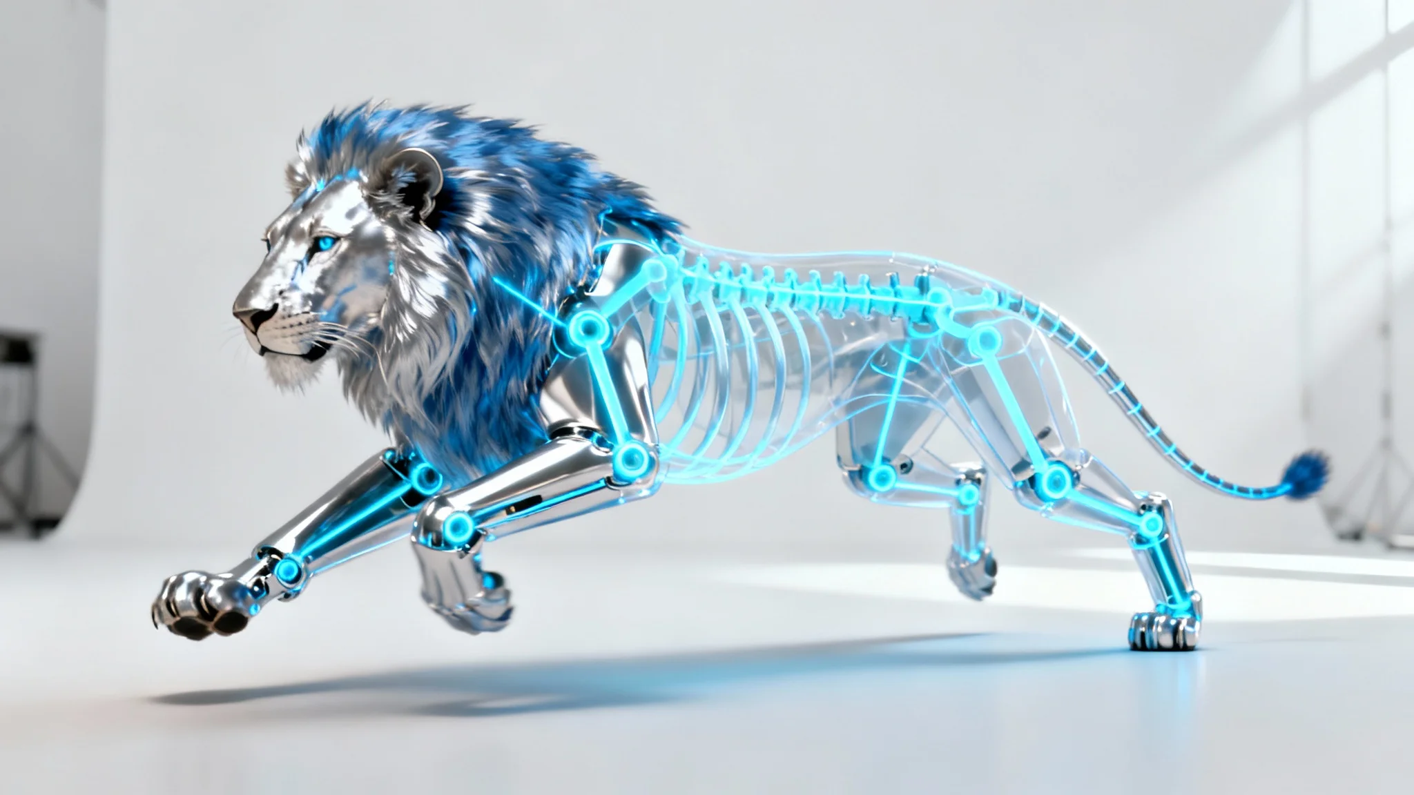 A 3D model of a stylized lion mid-pounce, showing the glowing blue digital rigging skeleton inside its body against a plain white background.