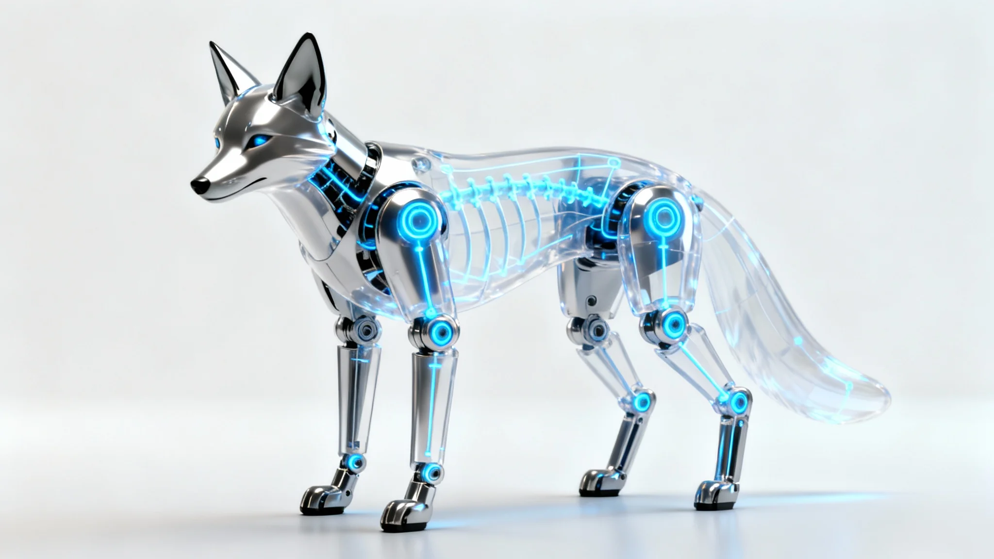 A 3D render of a futuristic robotic fox on a white background, with a glowing blue skeletal rig visible inside its body to illustrate quadruped rigging.