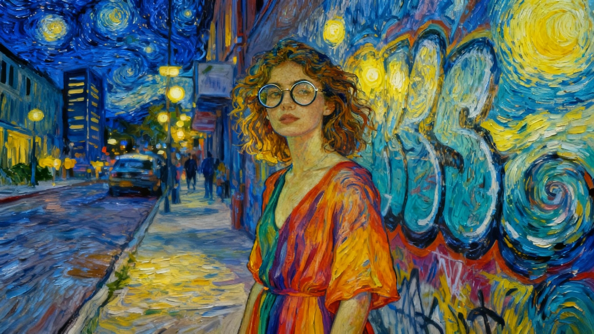 An eye-catching image demonstrating a style transfer effect. A photo of a woman in a city has been transformed into the swirling, impasto style of Vincent van Gogh's painting 'Starry Night', with a vibrant blue and yellow color palette.