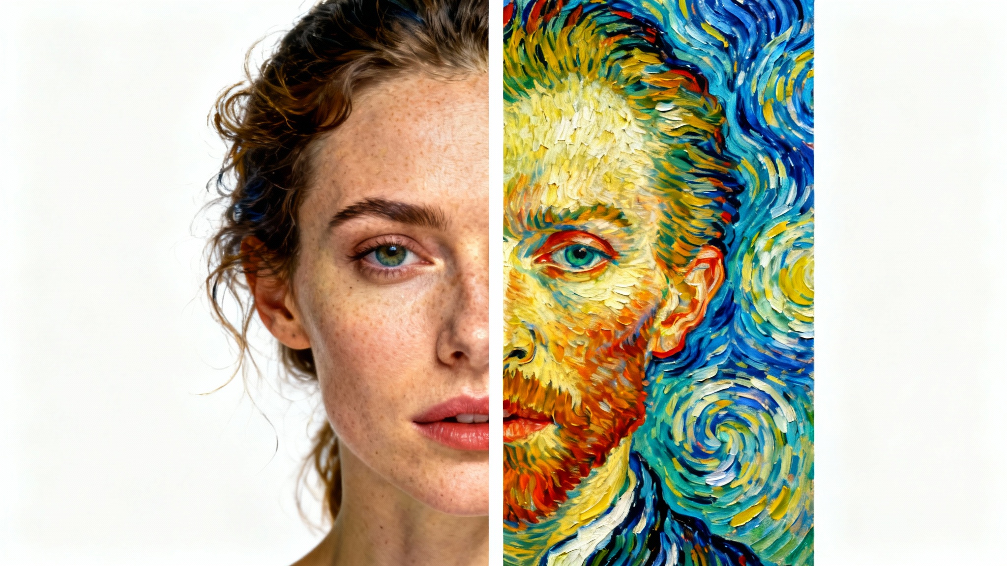 A portrait of a woman split down the middle, with the left side being a photorealistic image and the right side being the same portrait rendered in an expressive, painterly style to demonstrate style transfer.