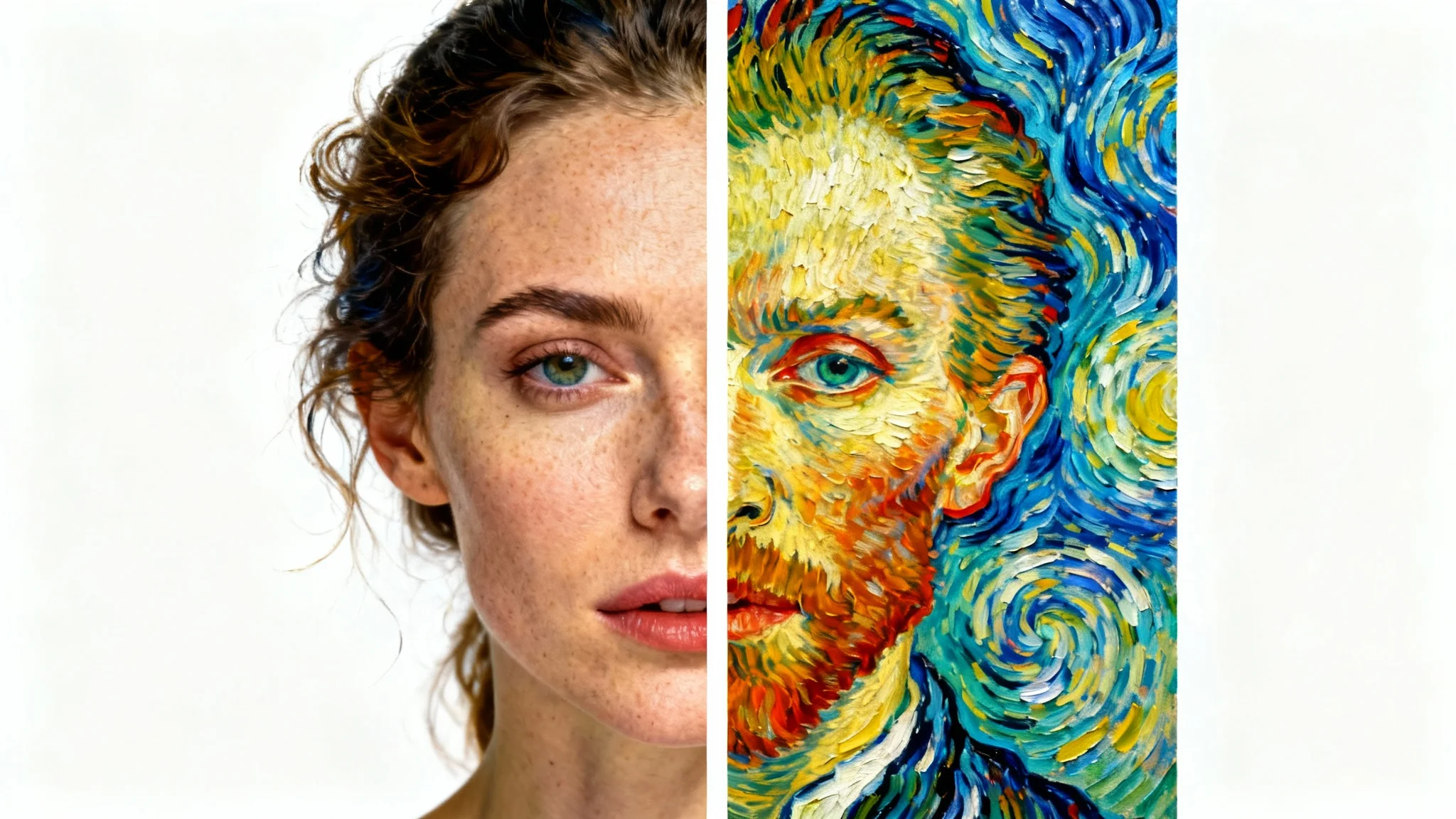 A portrait of a woman split down the middle, with the left side being a photorealistic image and the right side being the same portrait rendered in an expressive, painterly style to demonstrate style transfer.