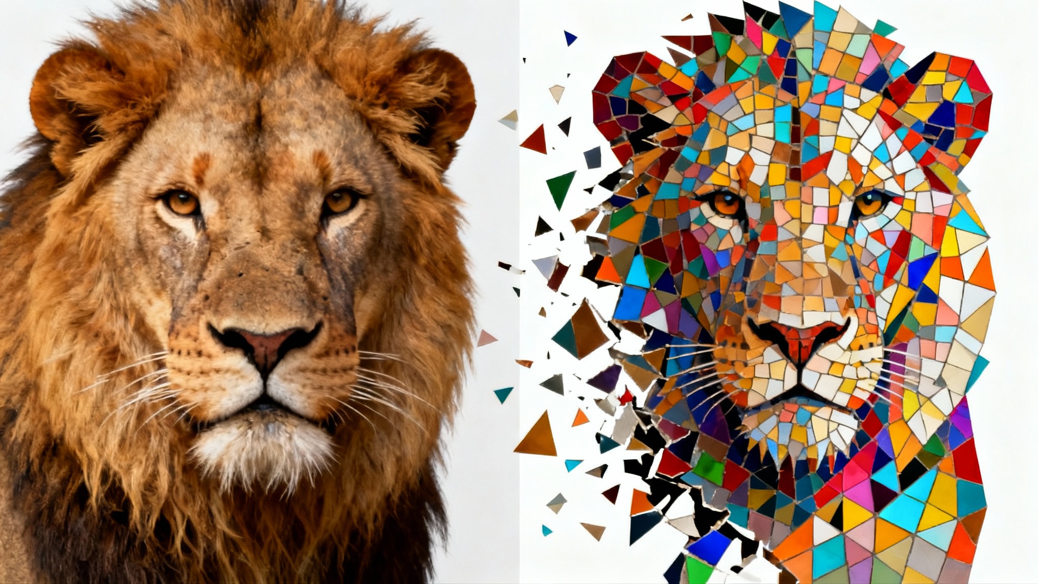 A demonstration of style transfer showing a lion's head split in two: the left side is a photorealistic photograph, and the right side is a colorful mosaic version of the same image.