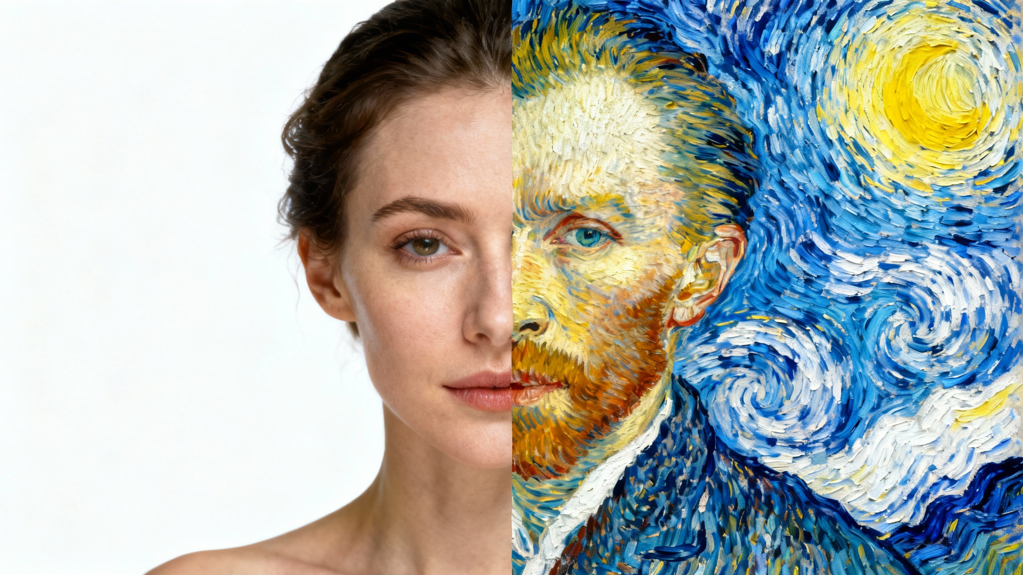 A split image demonstrating style transfer. The left half is a realistic photograph of a woman's face, while the right half is the same face transformed into the vibrant, swirling style of a Van Gogh painting, showcasing the artistic effect.