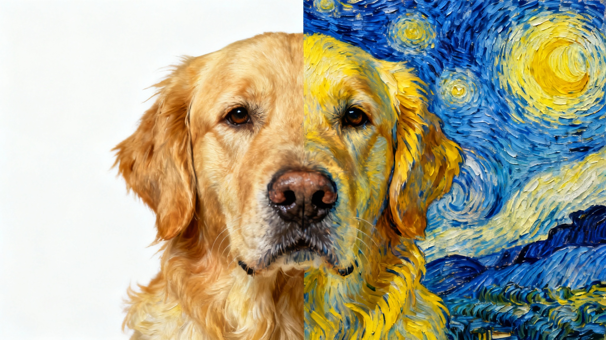A visual demonstration of AI style transfer, where an image of a golden retriever is split in two: the left side is a photorealistic photo, and the right side is the same image painted in the style of Van Gogh's 'Starry Night'.