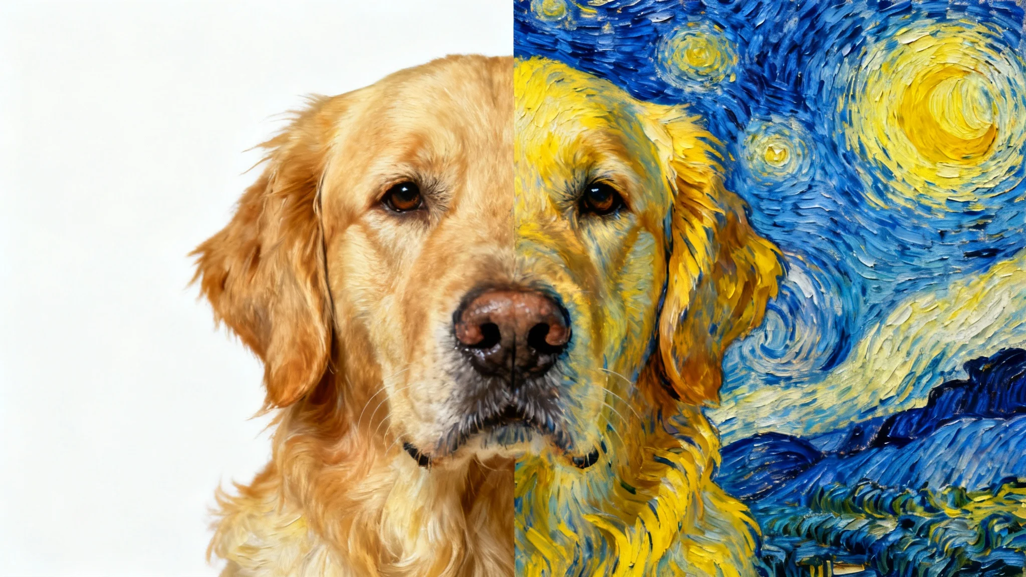 A visual demonstration of AI style transfer, where an image of a golden retriever is split in two: the left side is a photorealistic photo, and the right side is the same image painted in the style of Van Gogh's 'Starry Night'.