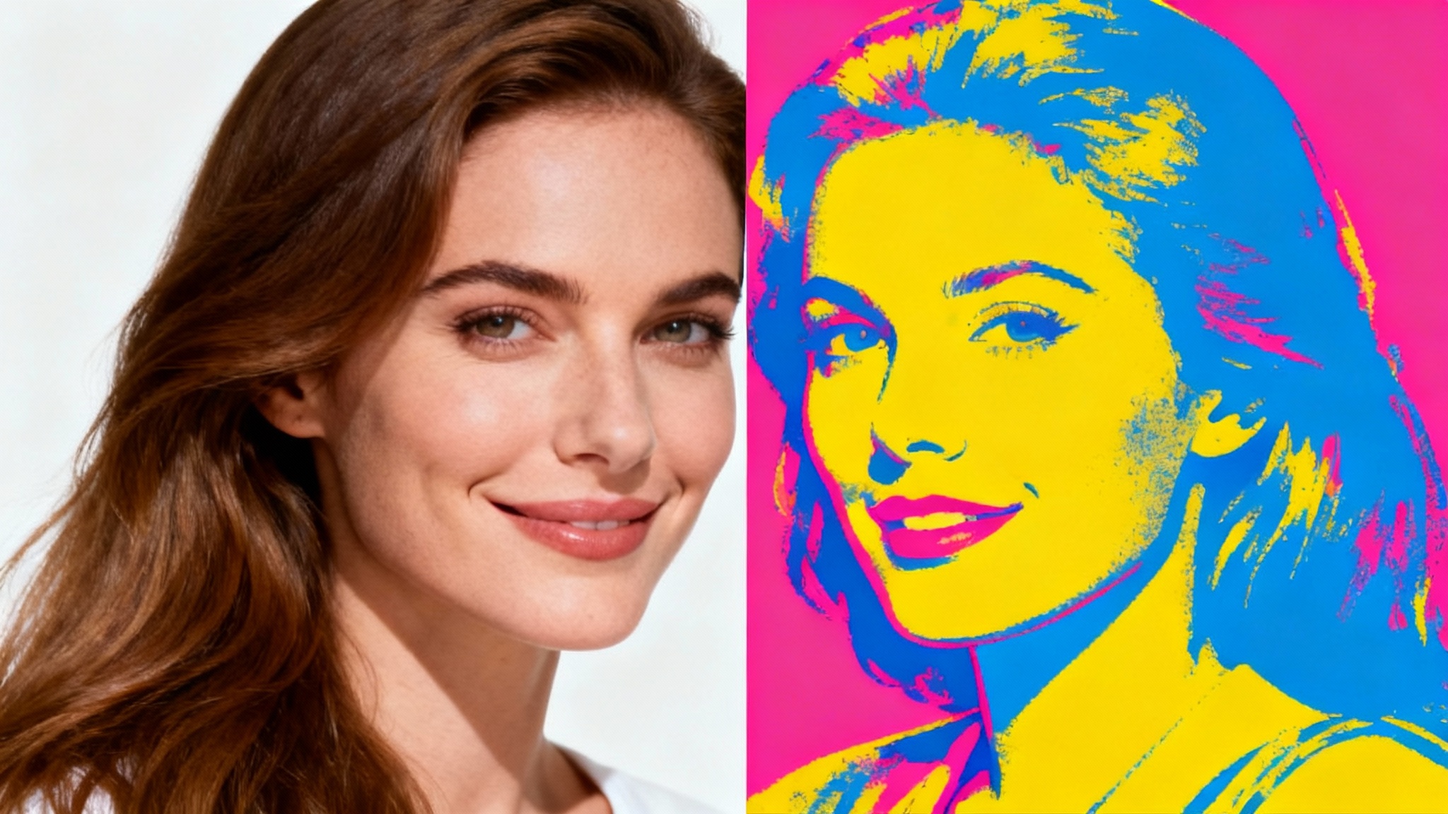 A portrait of a woman split in two styles to represent style transfer. The left half is a realistic photograph, and the right half is the same portrait in a colorful pop art style, set against a white background.