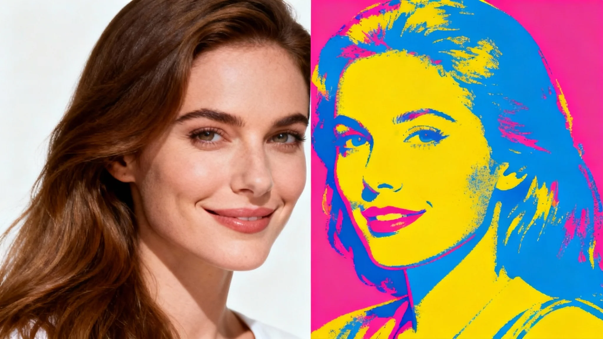 A portrait of a woman split in two styles to represent style transfer. The left half is a realistic photograph, and the right half is the same portrait in a colorful pop art style, set against a white background.