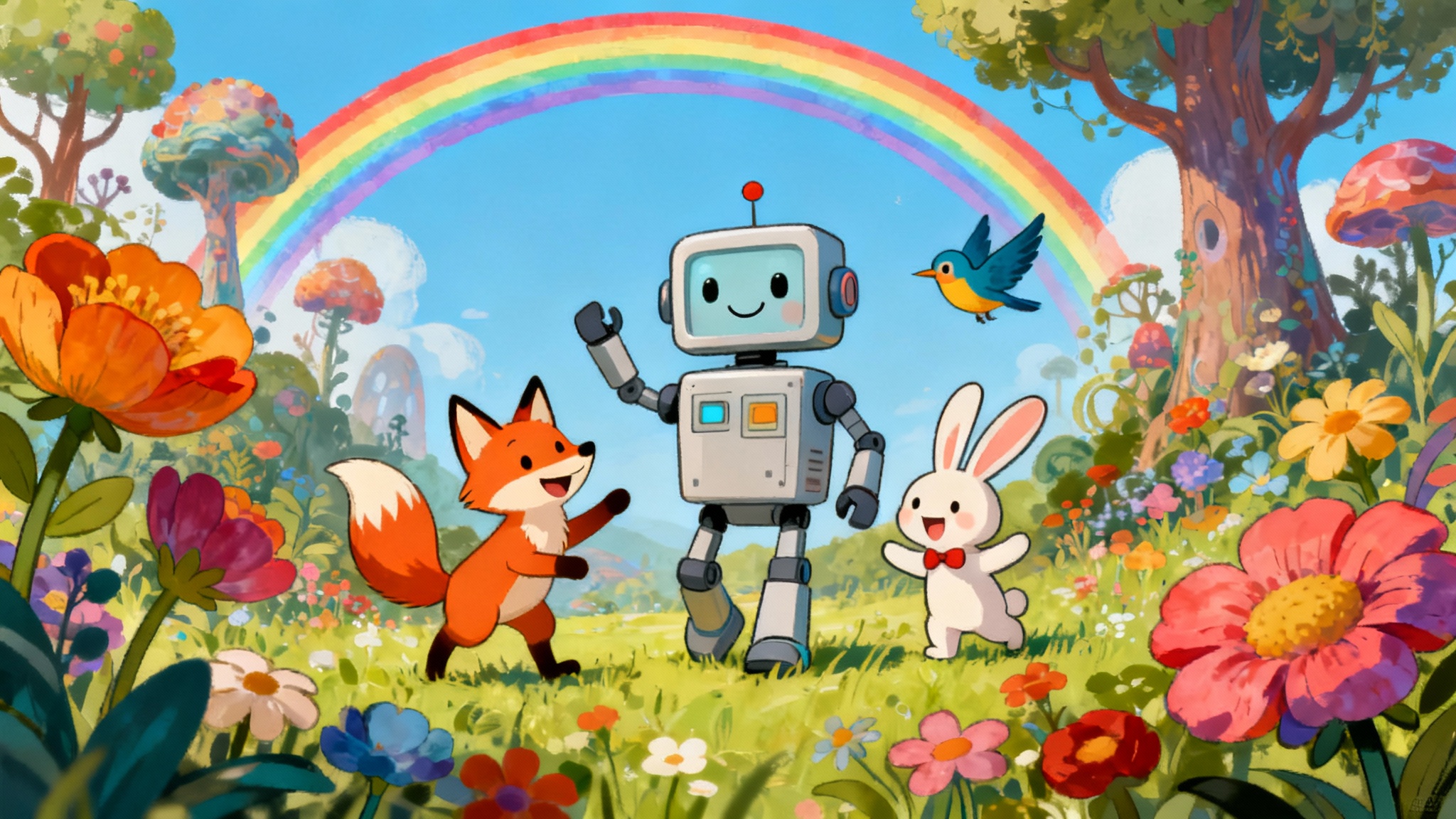 A colorful and cheerful children's book illustration of a friendly robot playing with a fox and a bunny in a magical forest under a rainbow.