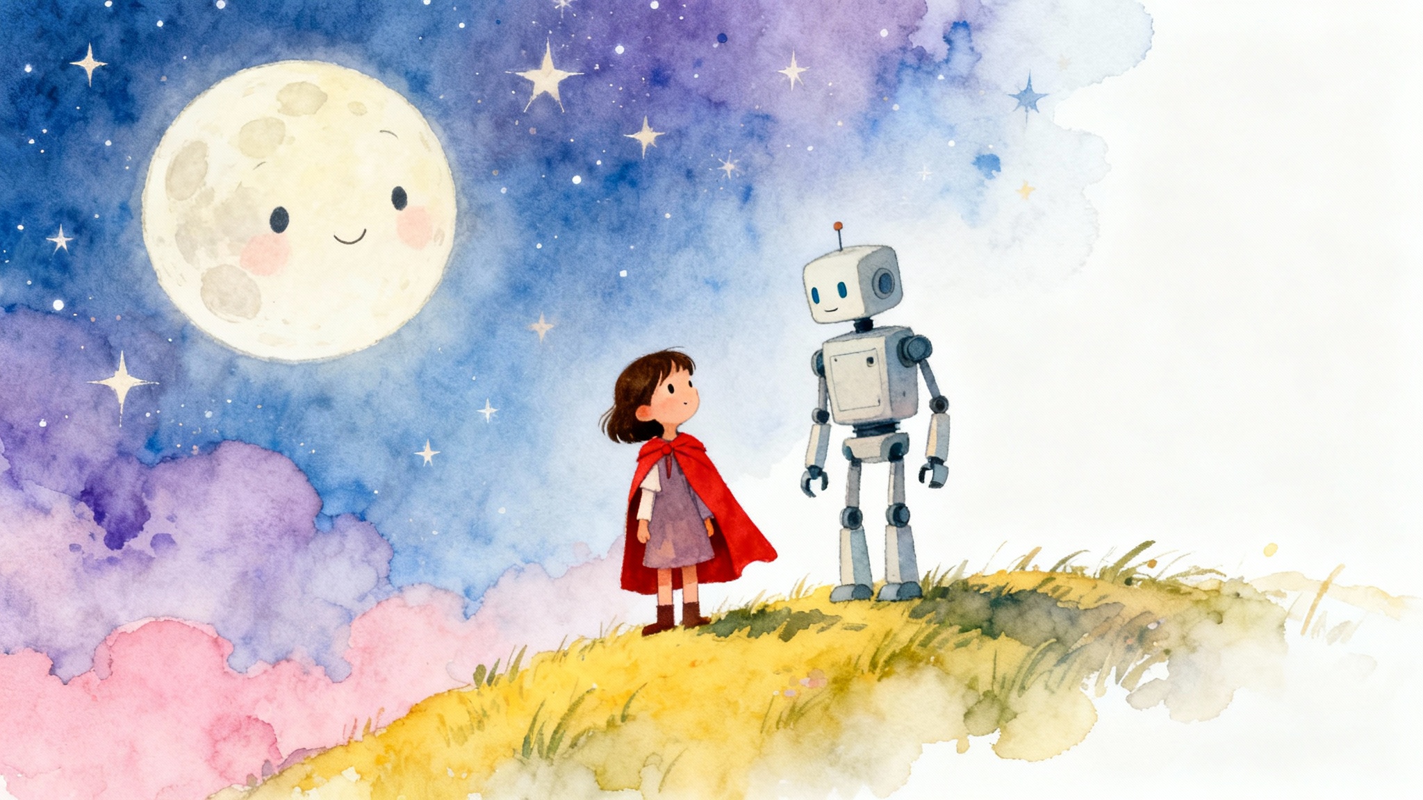 A whimsical children's book illustration showing a little girl in a red cape and her friendly robot friend looking at each other on a hill under a starry night sky.
