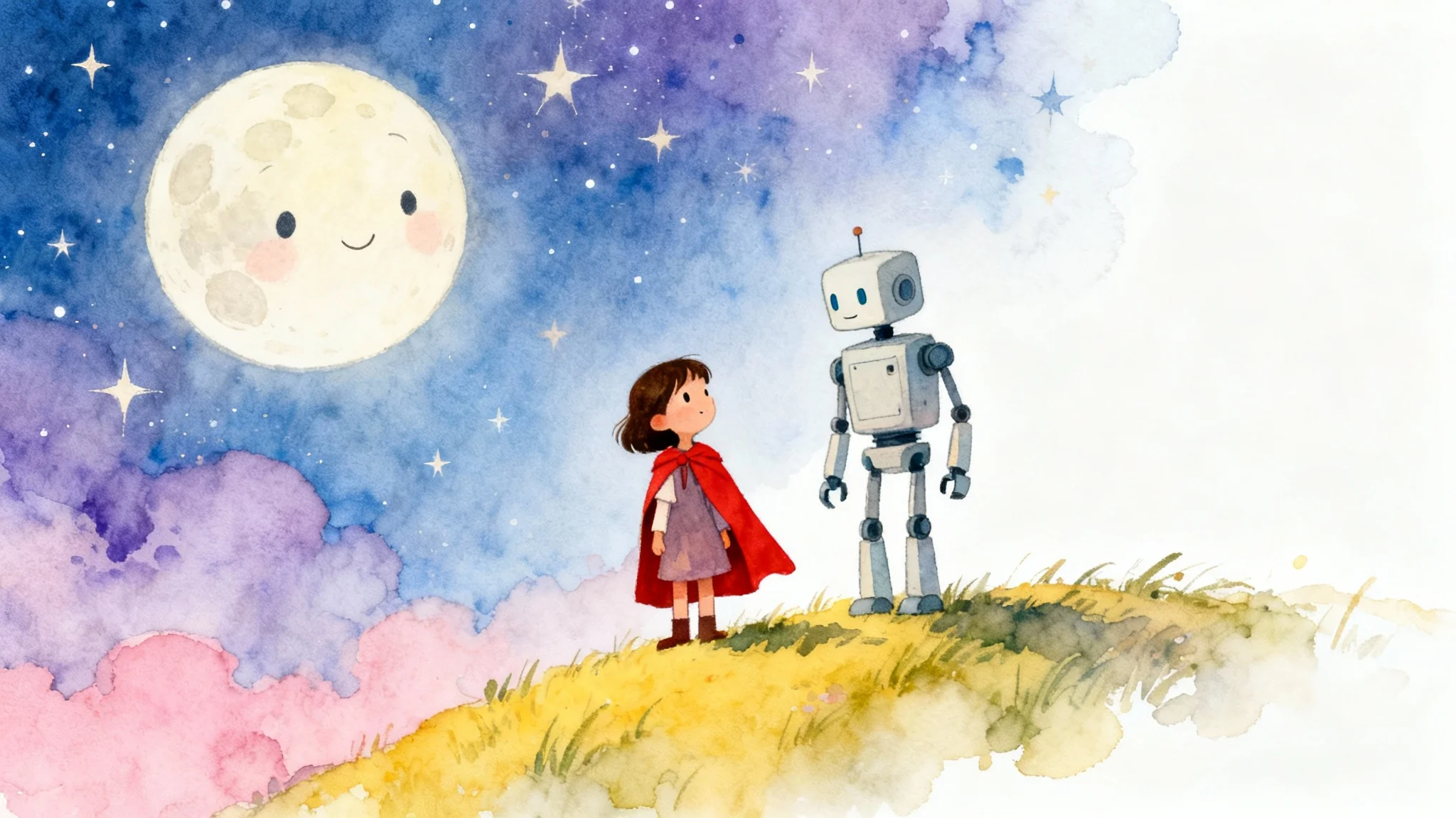 A whimsical children's book illustration showing a little girl in a red cape and her friendly robot friend looking at each other on a hill under a starry night sky.