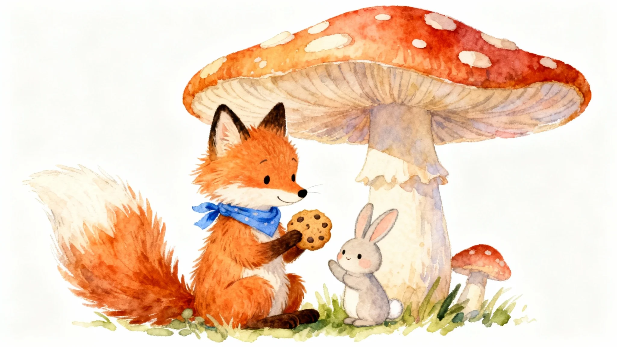 A charming children's book illustration of a friendly fox and a small bunny sharing a cookie under a toadstool, presented as a mockup on a white background.