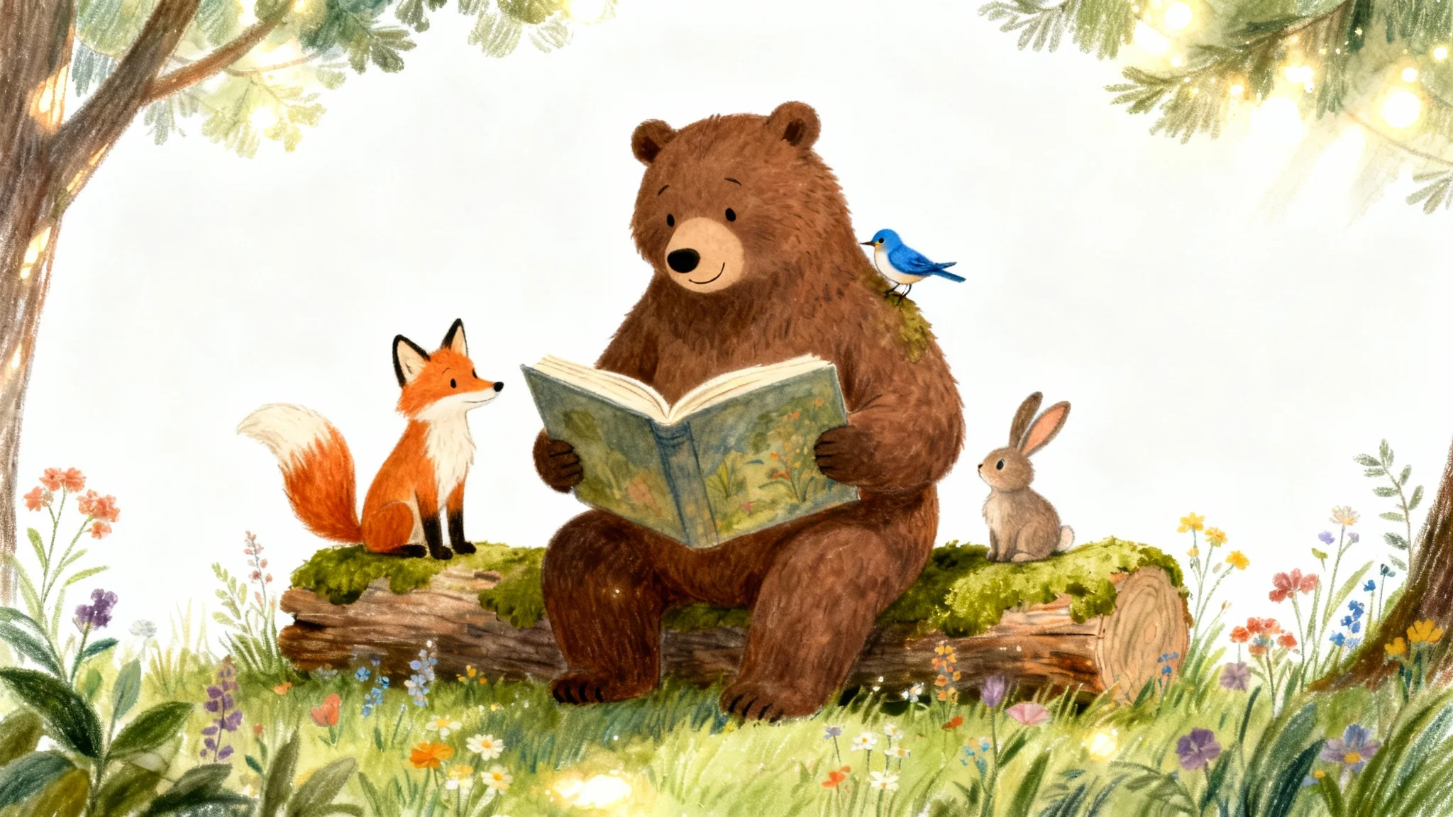 A heartwarming children's book illustration of a friendly bear reading a story to a fox, a rabbit, and a bird, all gathered in a cozy woodland scene. The illustration is presented as a mockup on a white background.
