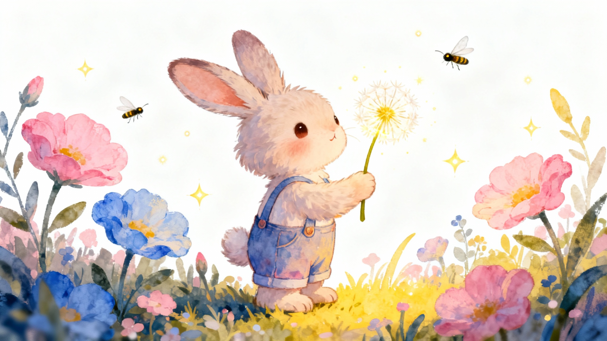 A whimsical children's book illustration of a cute bunny in overalls holding a glowing dandelion in a magical garden, isolated on a white background.
