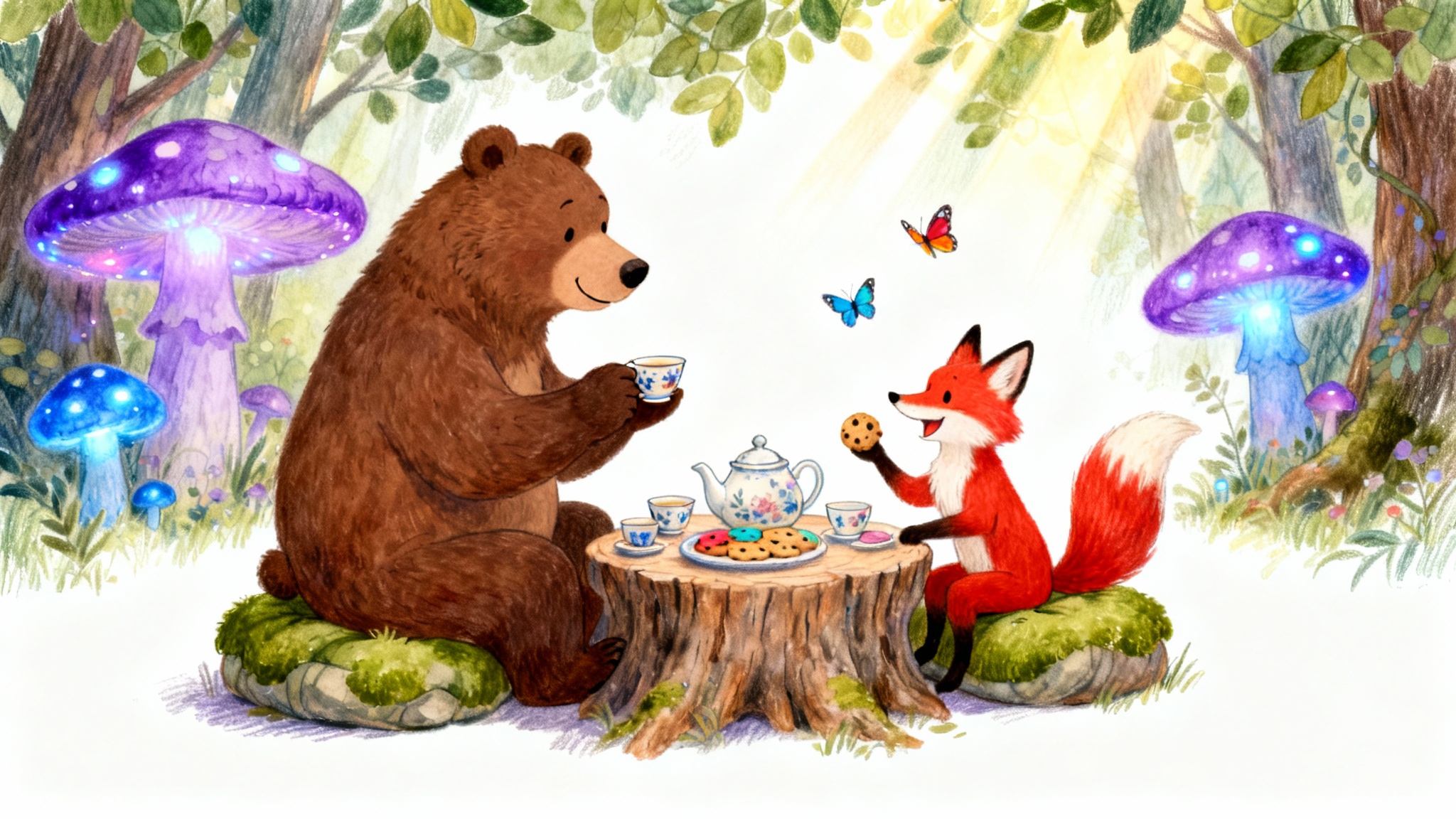 A charming children's book illustration of a friendly bear and a clever fox enjoying a tea party in an enchanted forest, rendered in a soft watercolor style against a white background.