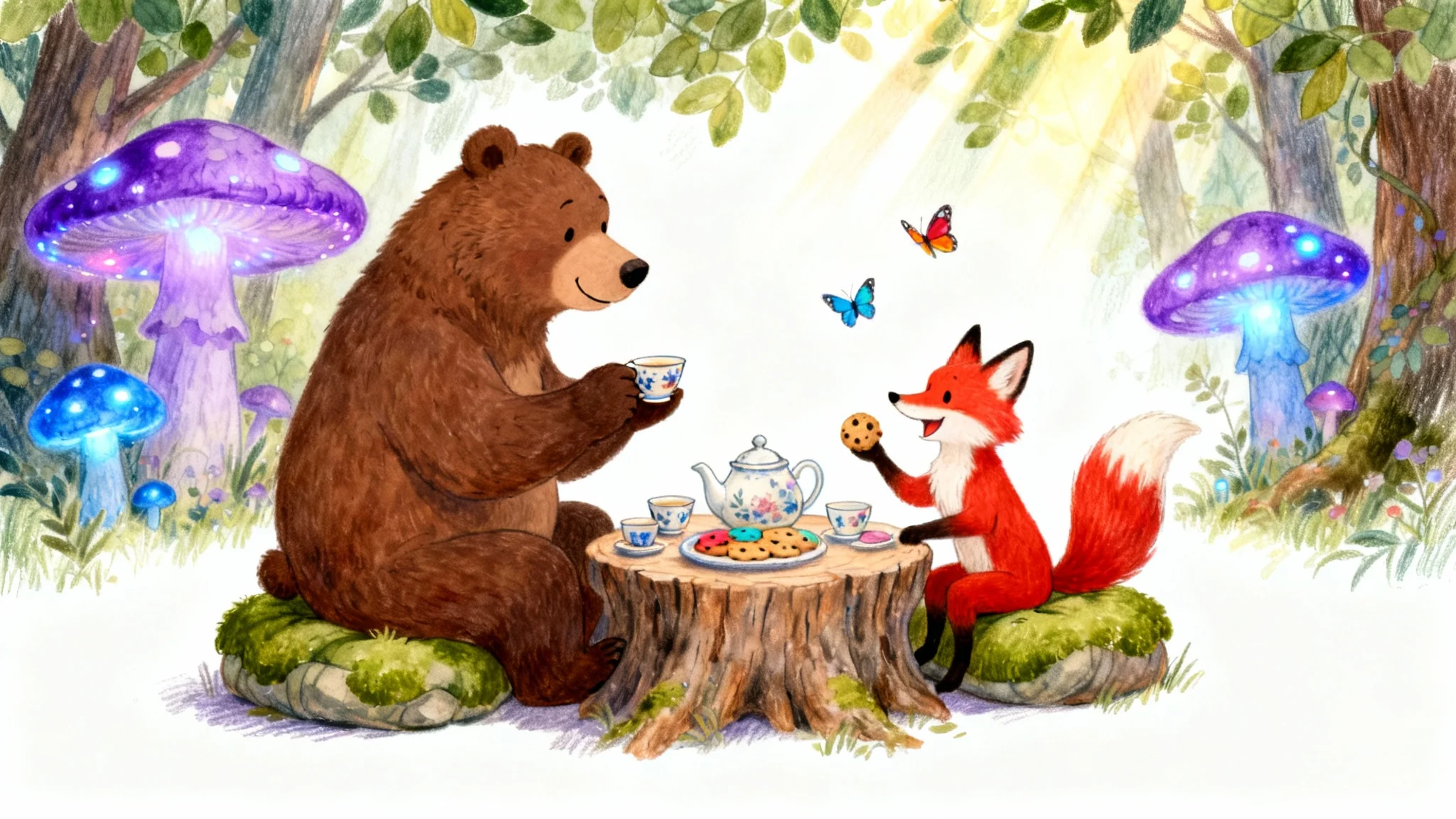 A charming children's book illustration of a friendly bear and a clever fox enjoying a tea party in an enchanted forest, rendered in a soft watercolor style against a white background.