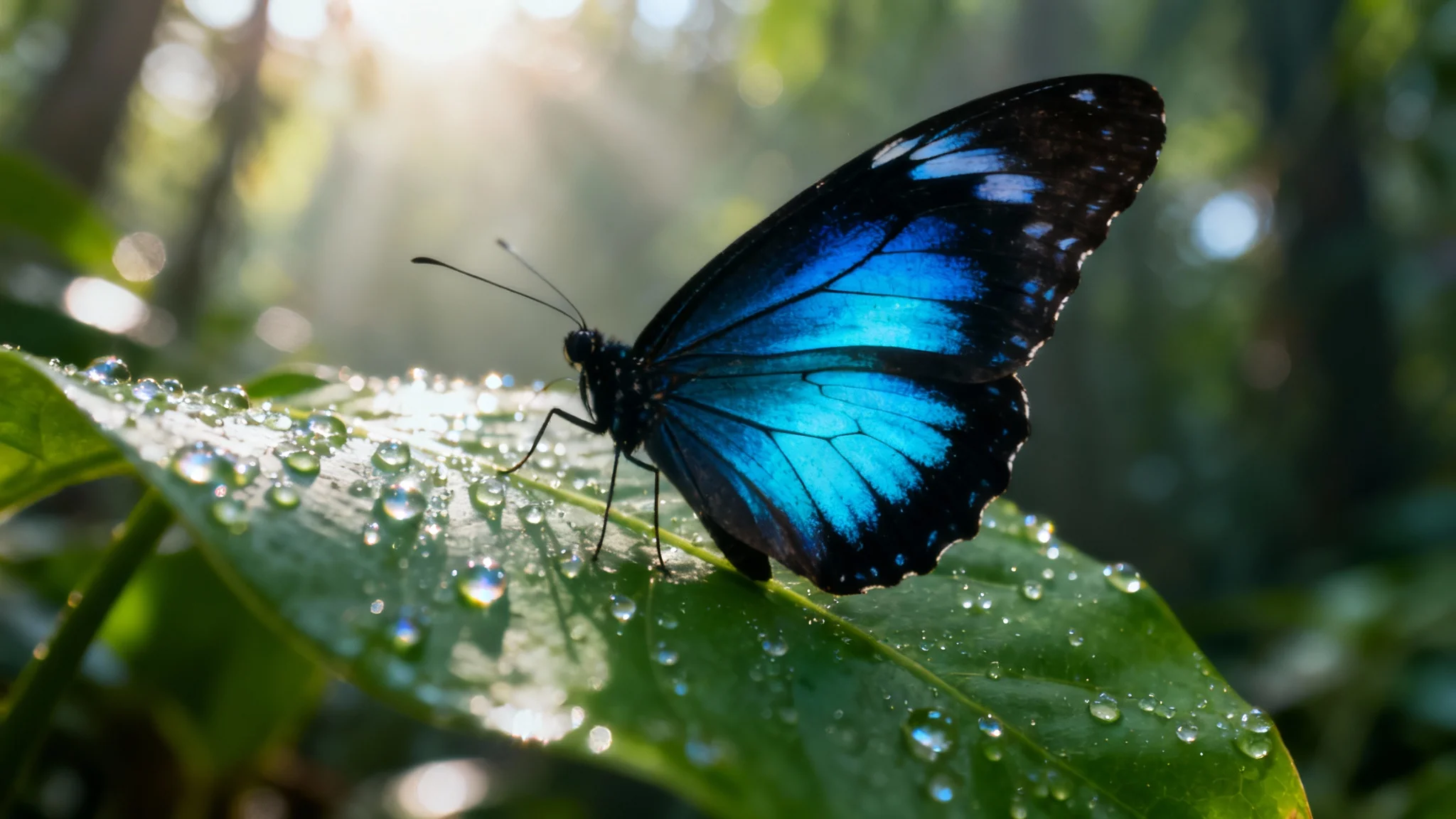 A highly detailed close-up photo of a vibrant Blue Morpho butterfly resting on a green leaf with water droplets, creating a beautiful and eye-catching hero image.