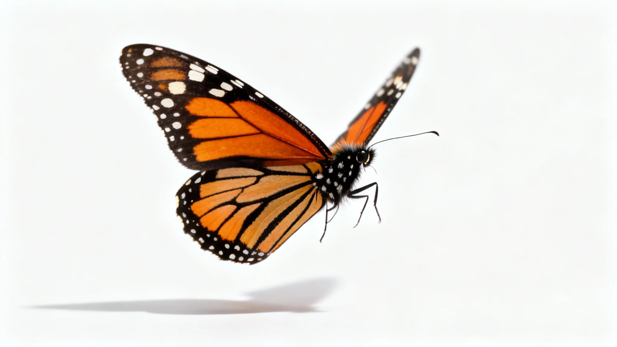 A photorealistic macro shot of a single monarch butterfly in mid-flight, its orange and black wings fully spread, set against a plain white background.