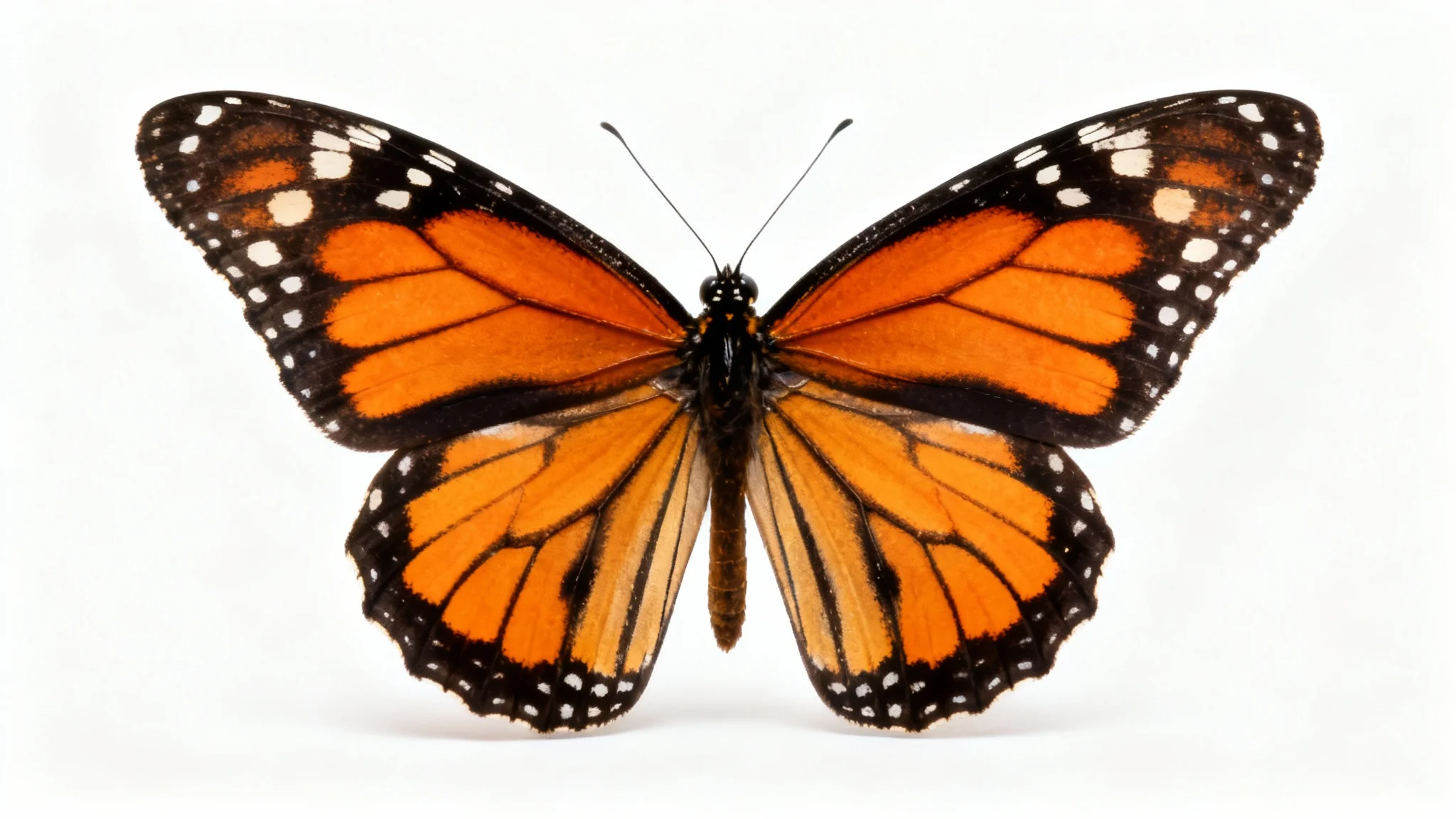 A hyper-realistic studio photograph of a single Monarch butterfly with its wings spread wide, showcasing its vibrant orange and black patterns against a pure white background.
