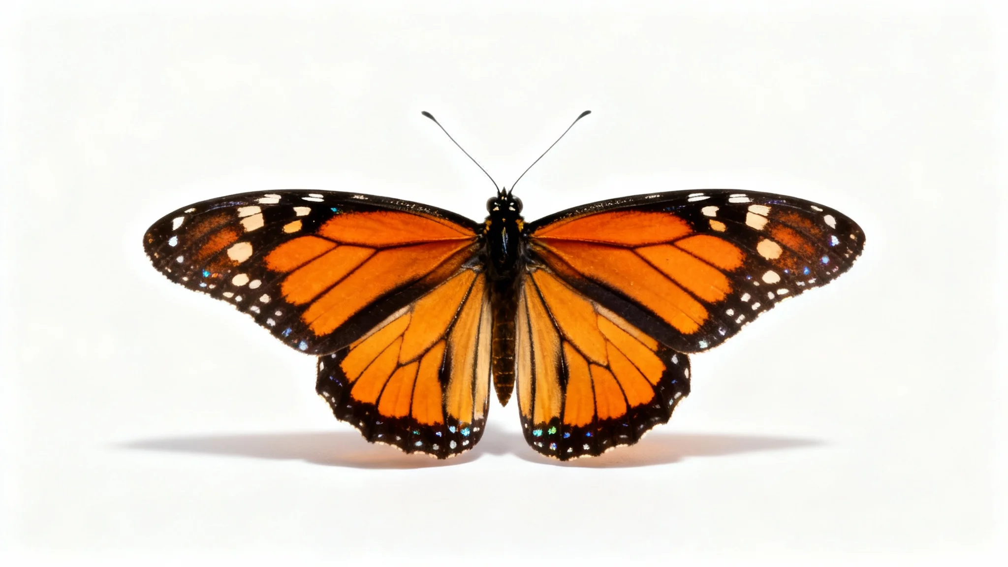 A hyper-realistic, top-down photograph of a single Monarch butterfly with its wings spread wide against a clean white background, showcasing its vibrant orange and black patterns.