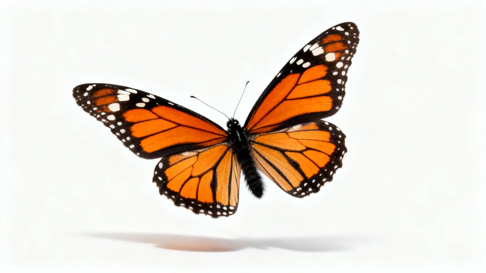 A photorealistic image of a single Monarch butterfly with its wings wide open, showcasing its vibrant orange and black patterns against a clean white background.