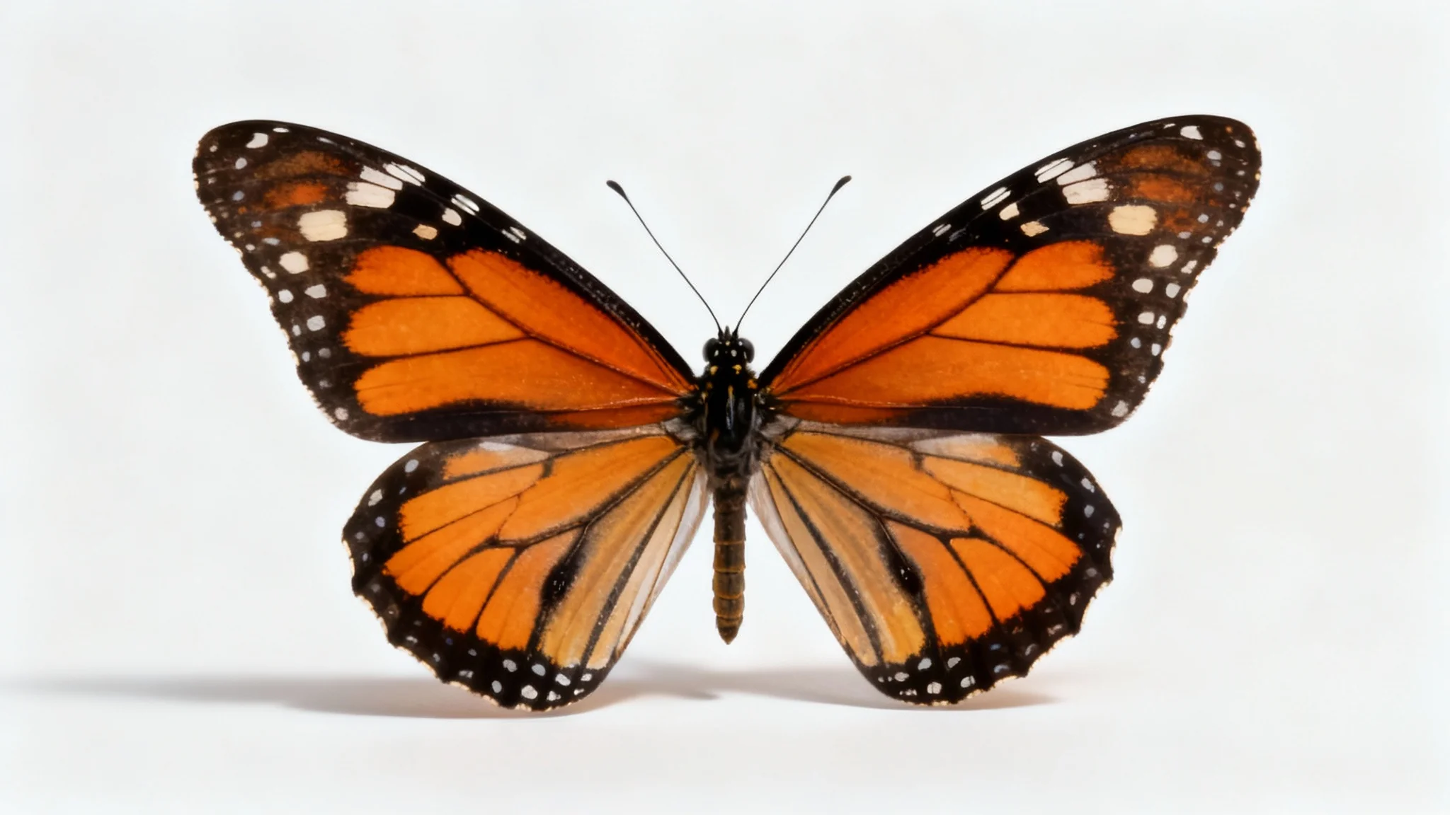 A stunning, highly detailed studio photograph of a Monarch butterfly with vibrant orange and black wings, set against a clean white background.
