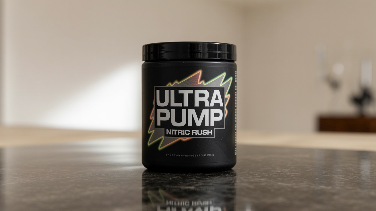 A professionally designed black tub of pre-workout supplement with a vibrant neon green and orange label that reads 'ULTRA PUMP', showcased in a dynamic, heroic product shot.