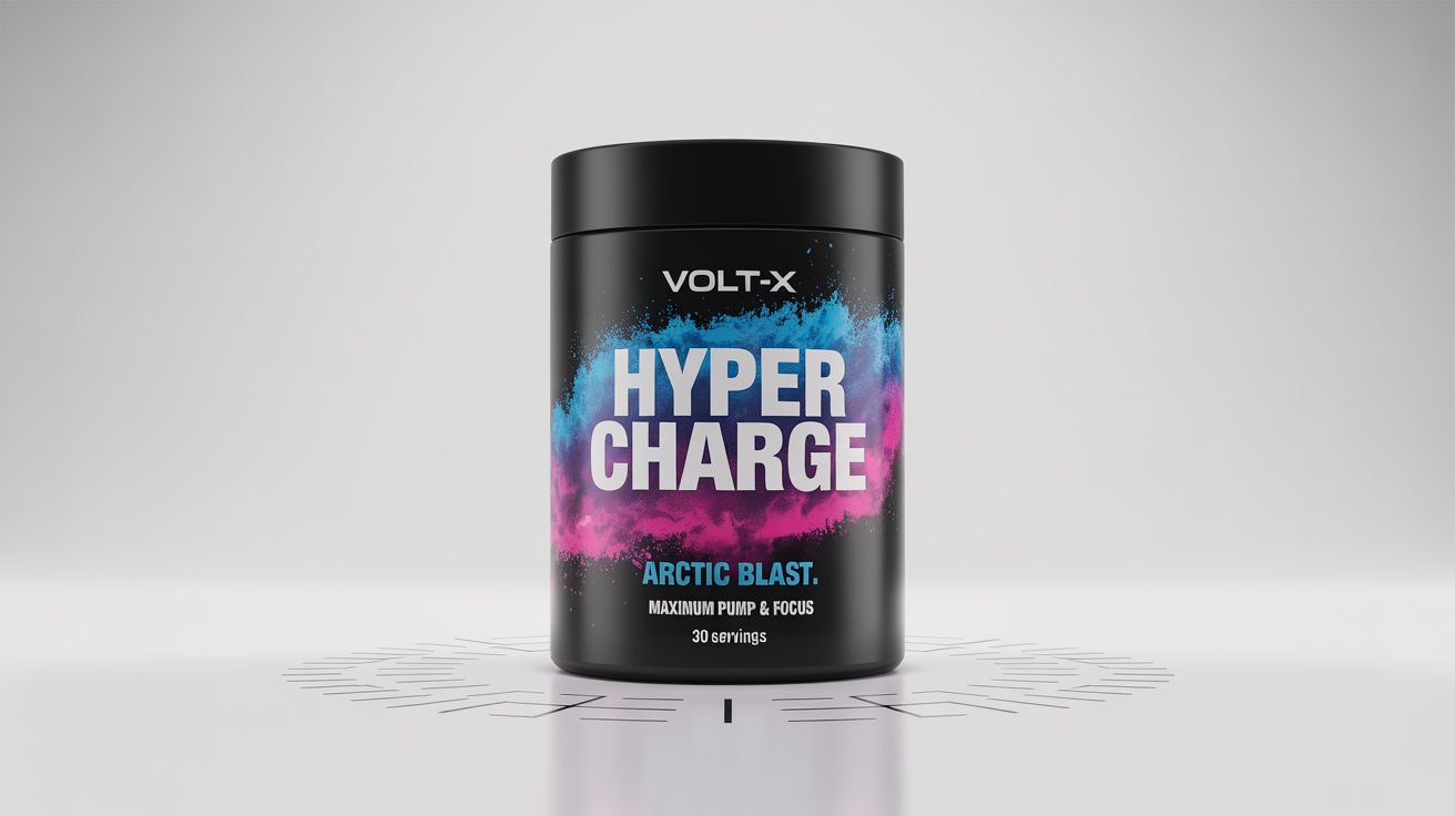 A photorealistic mockup of a black pre-workout supplement tub named 'VOLT-X HYPER CHARGE' with a vibrant blue and magenta label, set against a plain white background.