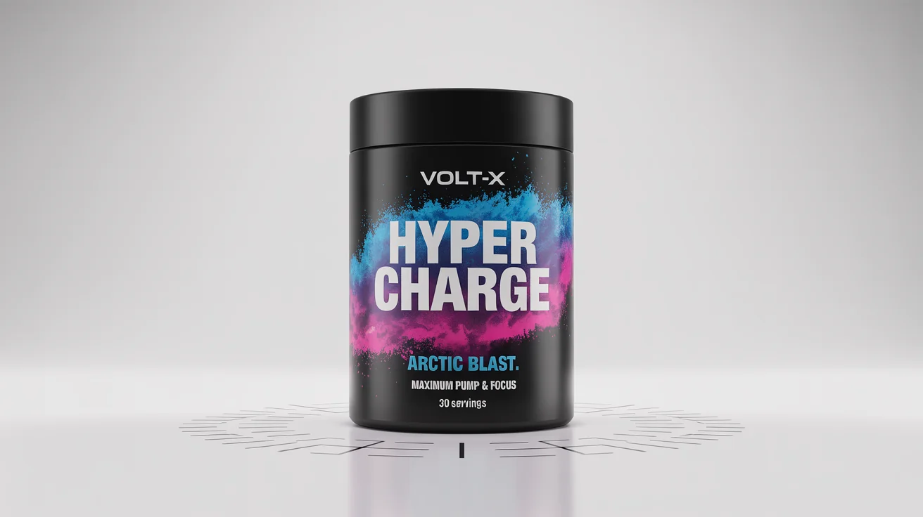 A photorealistic mockup of a black pre-workout supplement tub named 'VOLT-X HYPER CHARGE' with a vibrant blue and magenta label, set against a plain white background.