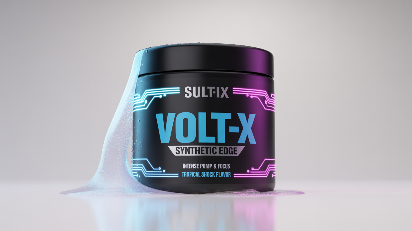 A professional product shot of a sleek black tub of pre-workout supplement named 'VOLT-X' by 'SYNTHETIC EDGE', featuring an energetic blue and magenta label, against a plain white background.