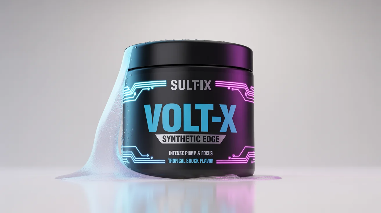 A professional product shot of a sleek black tub of pre-workout supplement named 'VOLT-X' by 'SYNTHETIC EDGE', featuring an energetic blue and magenta label, against a plain white background.
