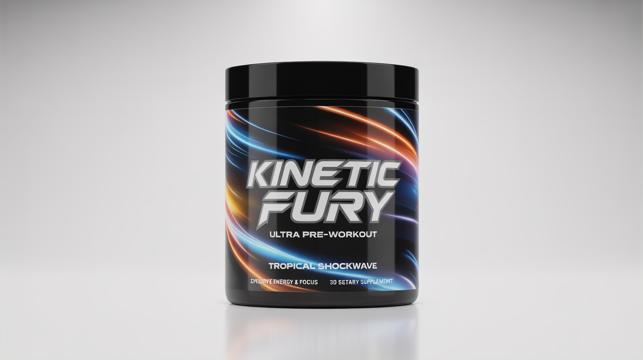 A mockup of a black pre-workout supplement container named 'KINETIC FURY' with a dynamic blue and orange label, displayed against a white background.