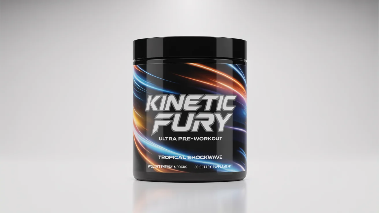A mockup of a black pre-workout supplement container named 'KINETIC FURY' with a dynamic blue and orange label, displayed against a white background.