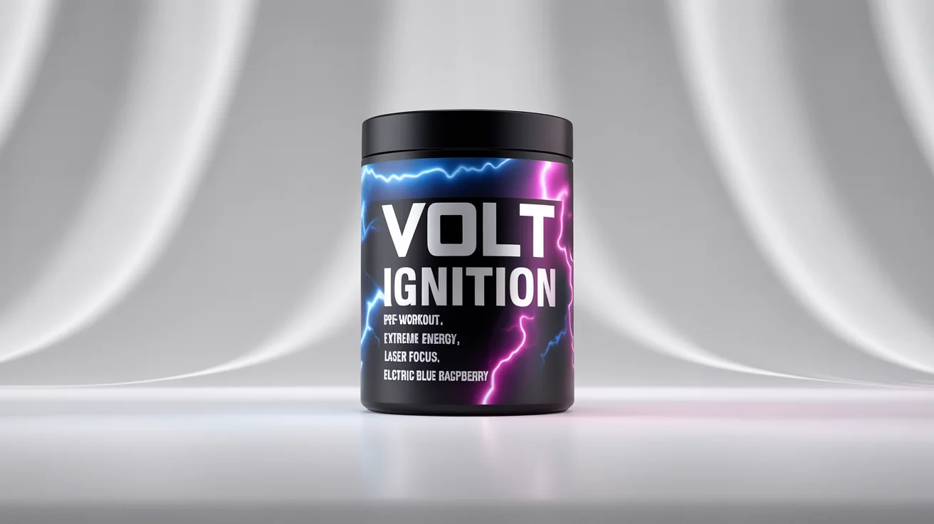 A product mockup of a black pre-workout supplement tub named 'VOLT IGNITION' in 'Electric Blue Raspberry' flavor, featuring a dynamic label design with blue and magenta lightning bolts on a white background.