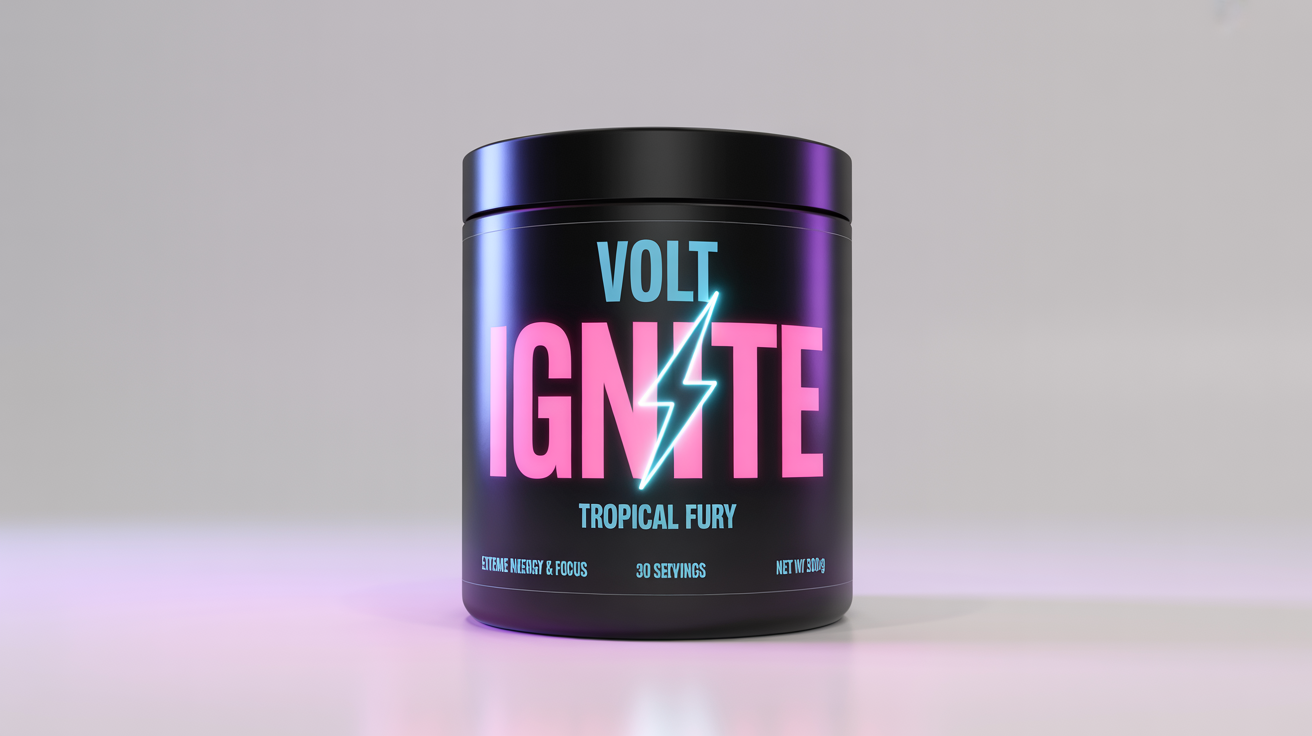 A professional product photo of a matte black tub of 'VOLT' pre-workout supplement, featuring a neon blue and pink label with the product name 'IGNITE' and flavor 'TROPICAL FURY', set against a plain white background.