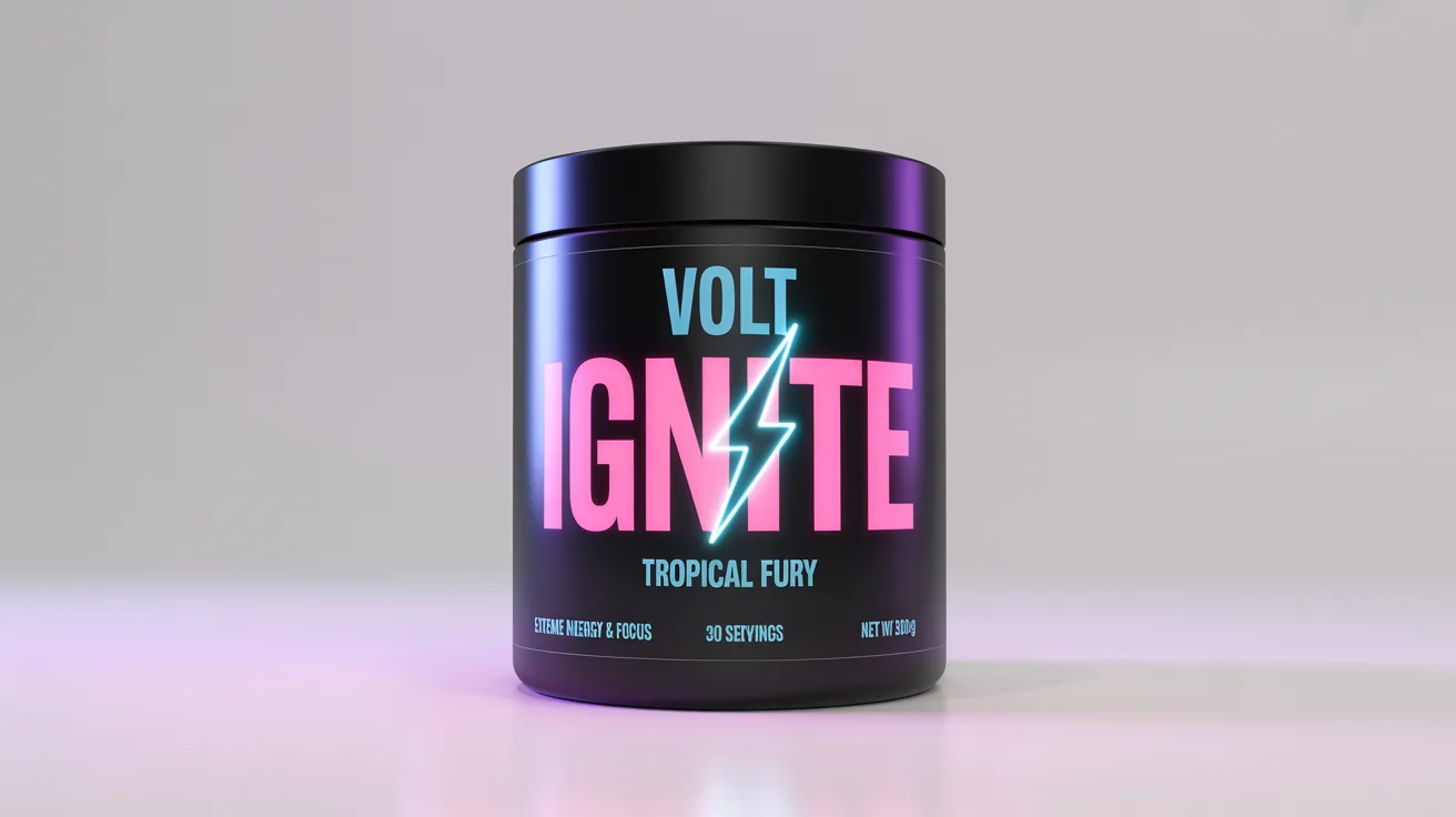 A professional product photo of a matte black tub of 'VOLT' pre-workout supplement, featuring a neon blue and pink label with the product name 'IGNITE' and flavor 'TROPICAL FURY', set against a plain white background.