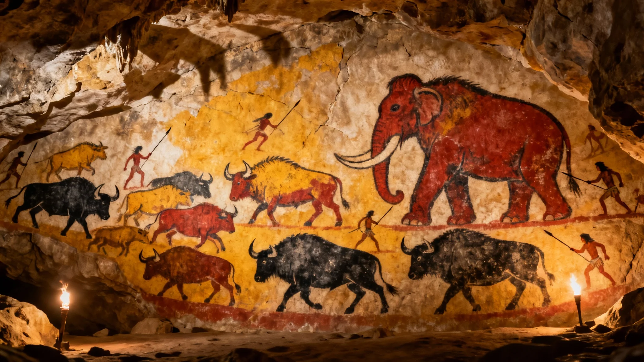 A panoramic, photorealistic image of a vibrant and detailed prehistoric cave painting on a textured rock wall, showing a hunting scene with bison, mammoths, and human figures.