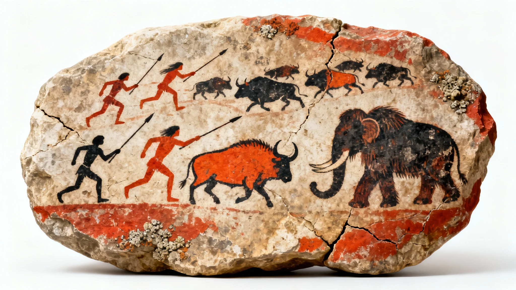 A mockup of an ancient cave painting on a textured slab of rock, isolated on a white background. The painting shows stylized figures hunting bison and a mammoth using red and black pigments.