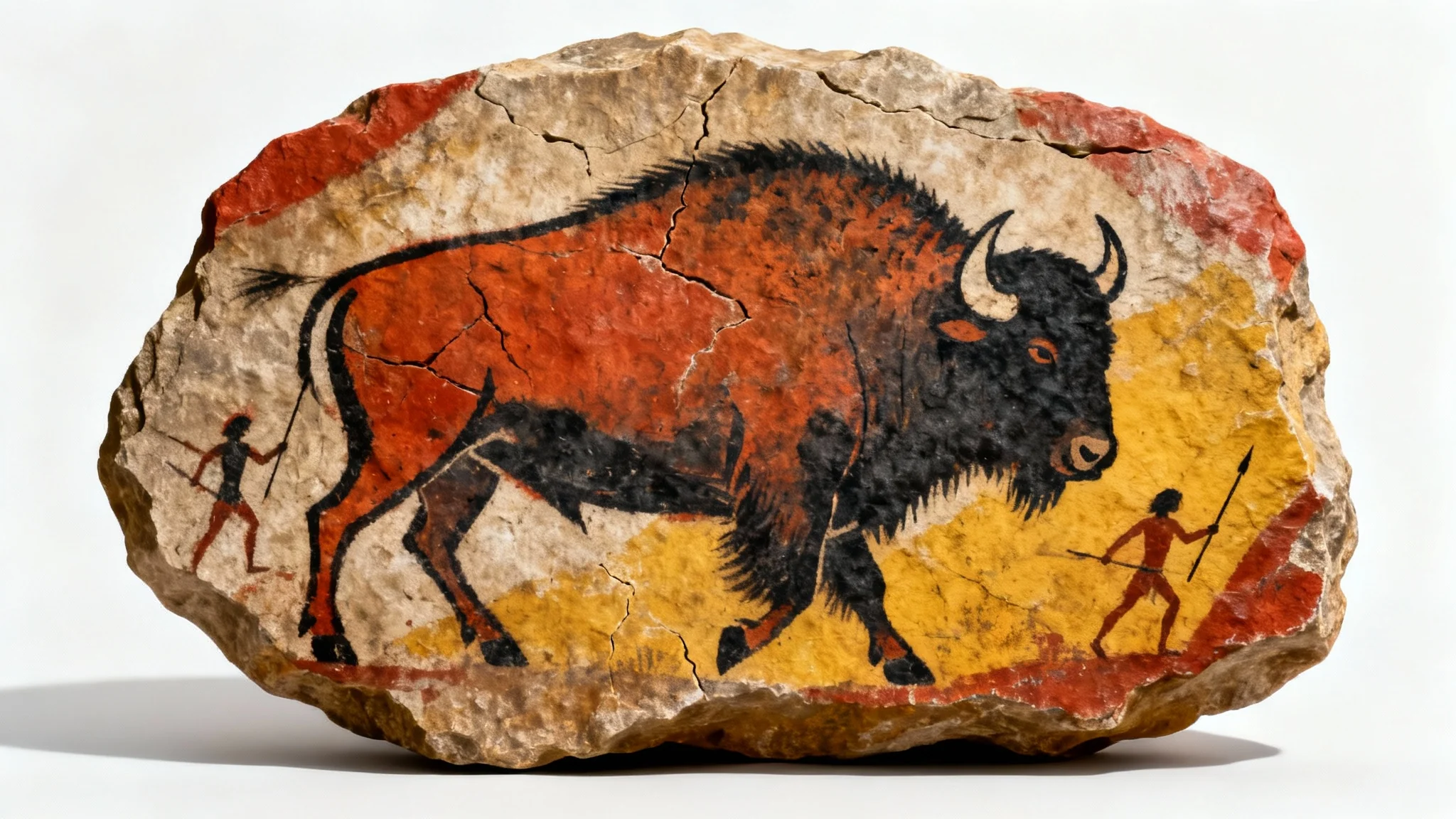 A realistic mockup of a prehistoric cave painting on a textured rock surface, showing a bison and hunters in earthy colors, isolated against a white background.