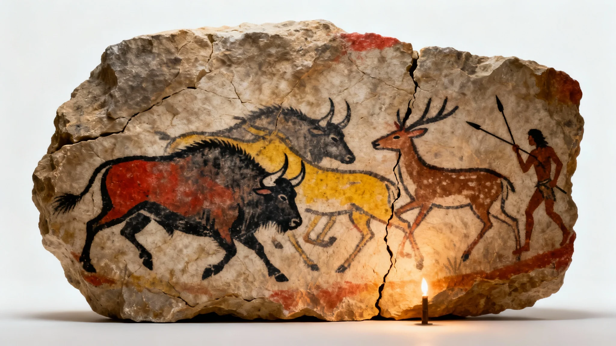 A detailed digital mockup of a prehistoric cave painting depicting a hunt, displayed on a textured rock surface against a white background.