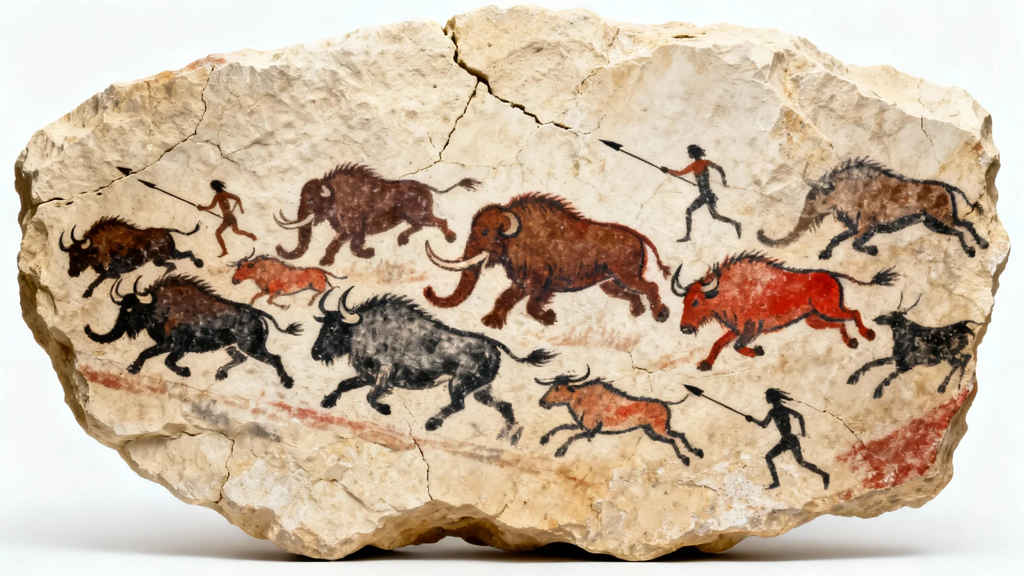 An authentic-looking cave painting on a rough rock surface, depicting a prehistoric hunt with mammoths and humans, presented as a mockup on a white background.