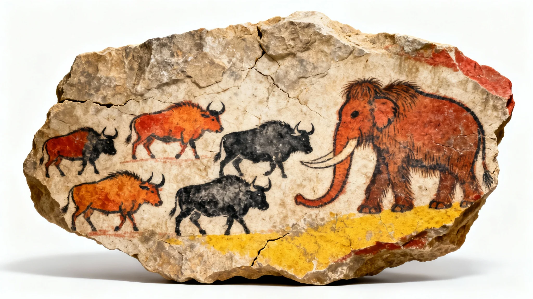 A piece of a cave wall with a prehistoric painting of a mammoth and bison, presented as a mockup on a clean white background.